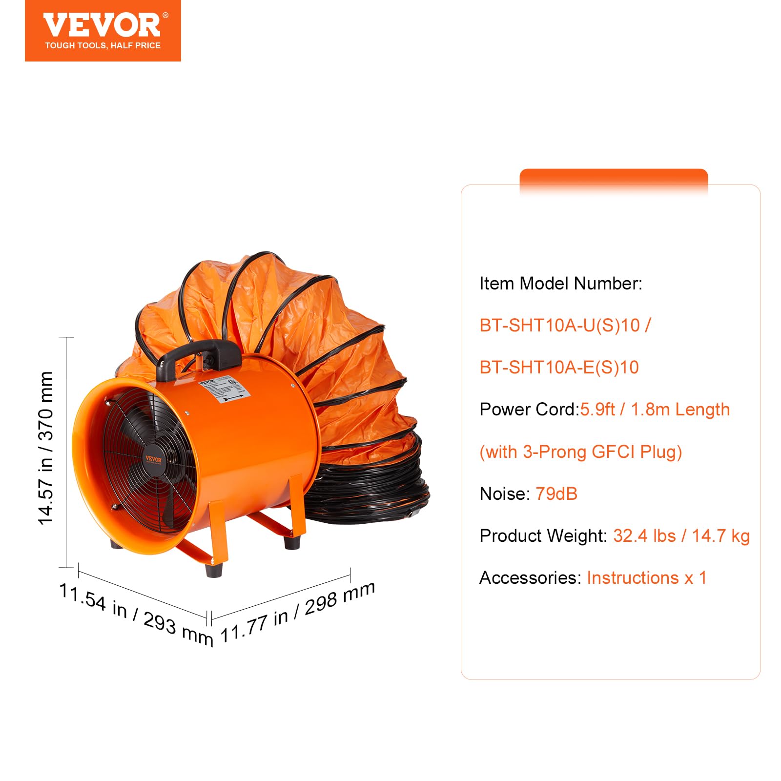 VEVOR Bauventilator 255-W-AC-Motor Baugebläse 2830 U/min Baulüfter Gebläse 1720 CFM (2922 m3/h) Axiallüfter mit 10 m Schlauch Axialgebläse 79 dB Geräuschpegel Industrielüfter