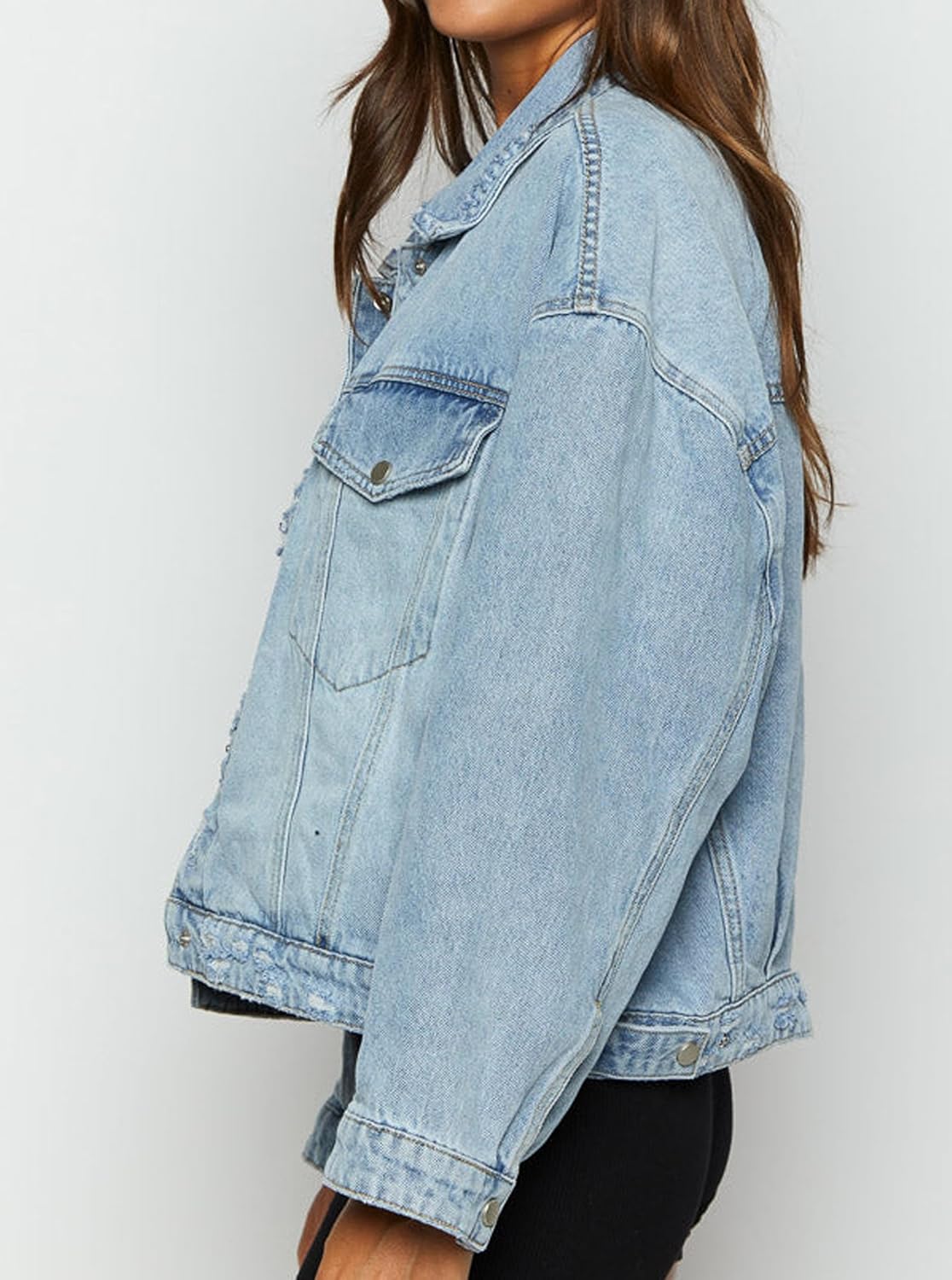 Women Distressed Light Wash Oversized Denim Jacket - Image 5
