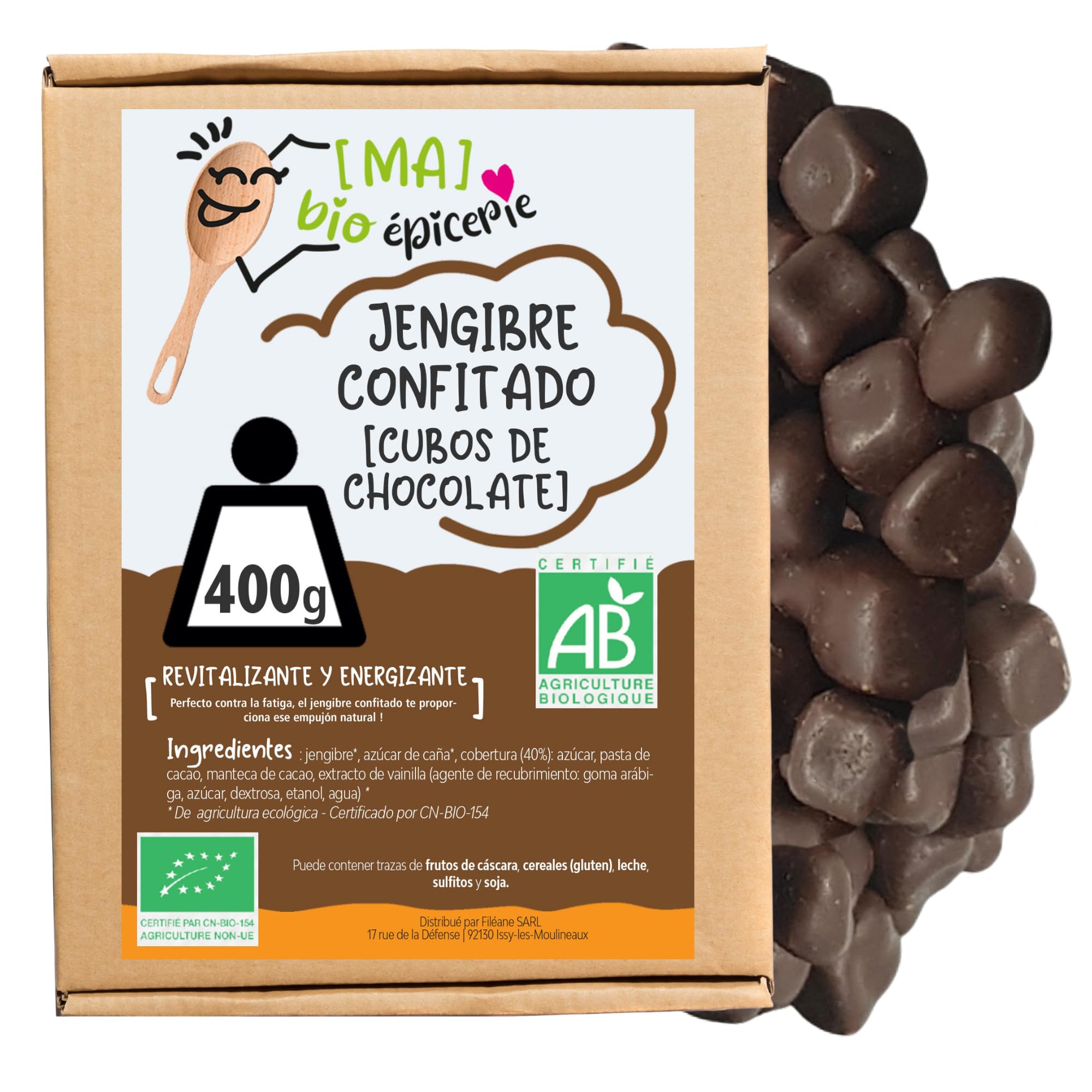 MA bio-épicerie - Jengibre Confitado Ecológico Cubierto de Chocolate Negro Eco 400 g - Jengibre Deshidratado a Granel sin Conservantes con Chocolate