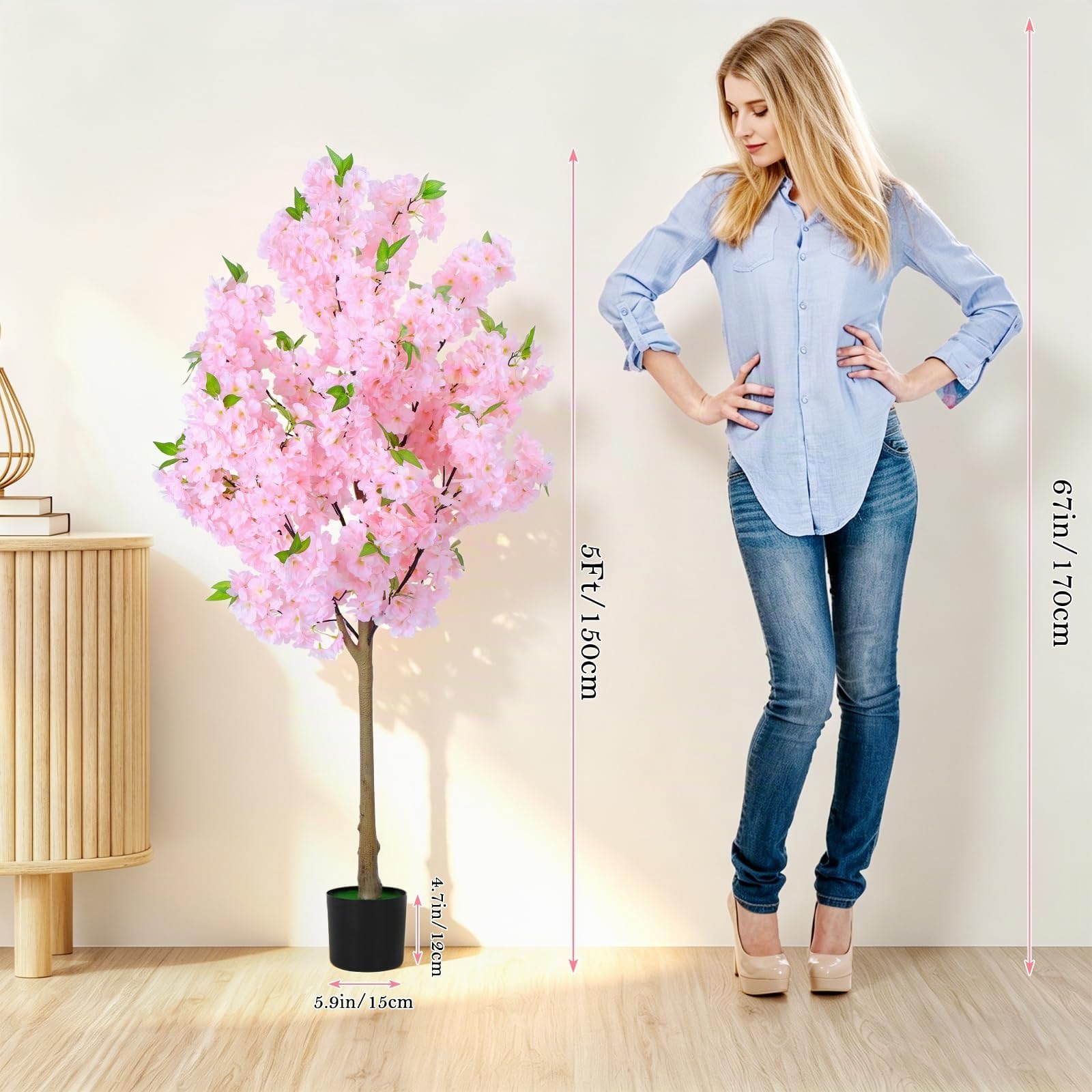 Arbre de Cerisier Artificiel avec Pot, Plante Cerisier Japonais Artificiel pour Bureau, Maison, Mariage, Hôtel .Fleur de Cerisier Interieur 150cm