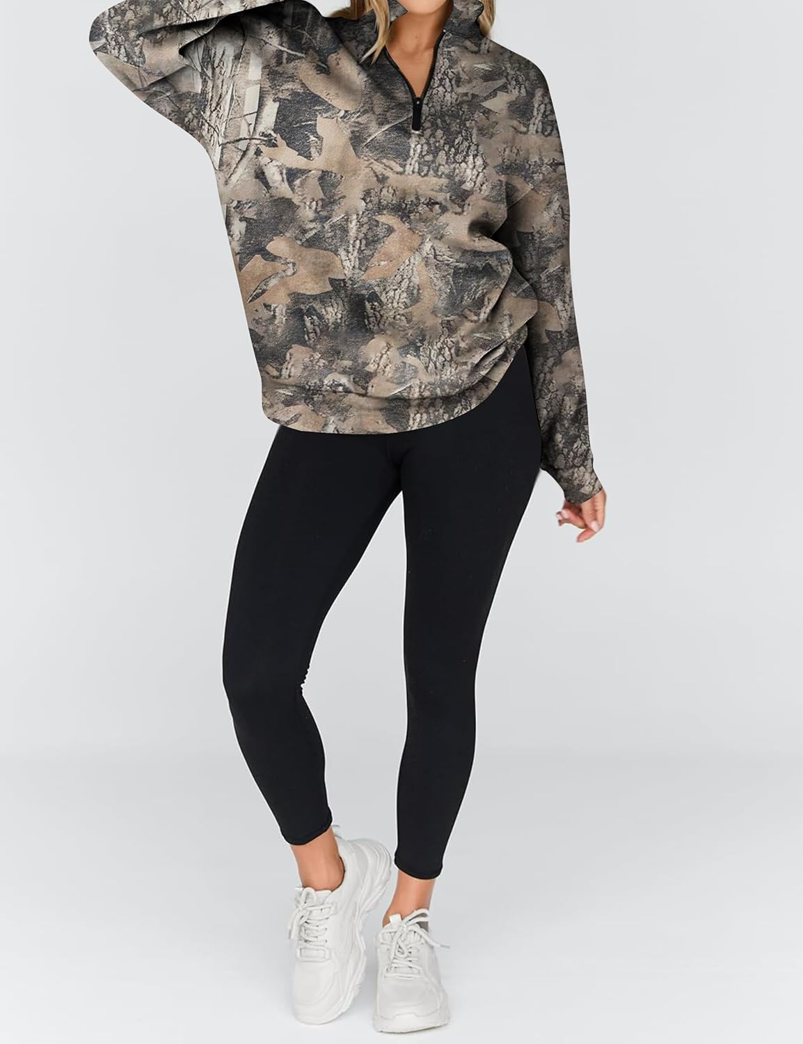 Women Camo Half Zip Fleece Sweatshirt Oversized Maple Leaf Print Mock Neck Long Sleeve Pullover Hunting Hoodies - Image 5