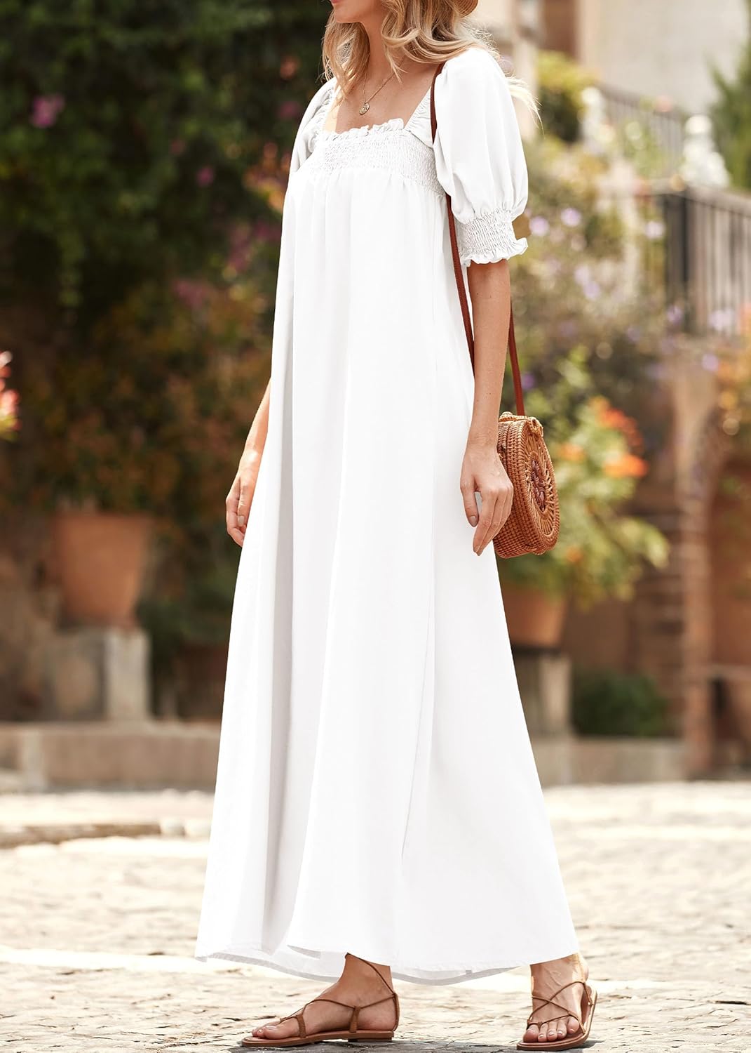 KIRUNDO Women 2026 Summer Maxi Dress Casual Loose Puff Sleeve Square Neck Maternity Flowy Long Beach Dresses with Pockets