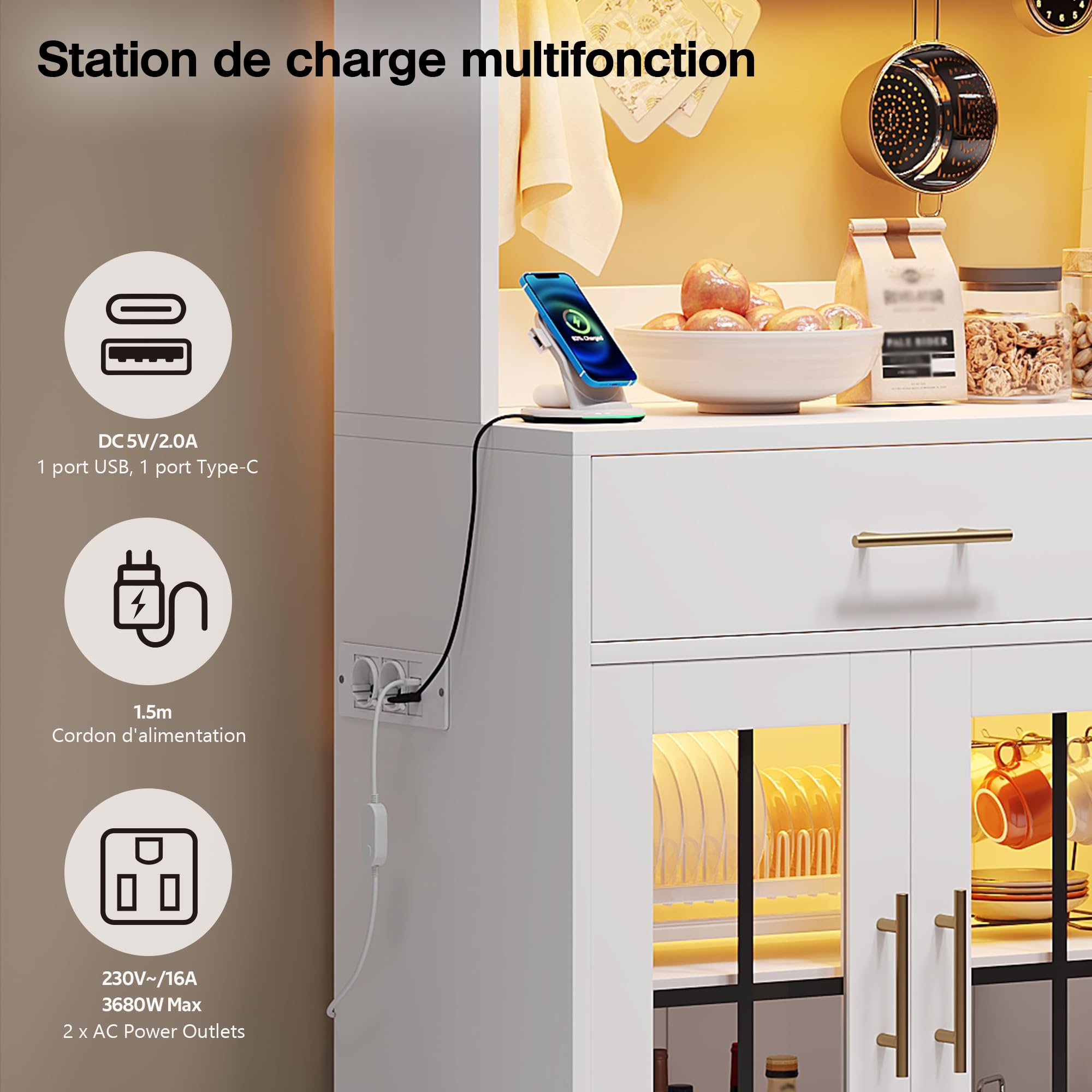 Vaisselier, Buffet de Cuisine, Armoire Cuisine Haute avec LED, Buffet avec Prise, Buffet avec Tiroirs, 6 Portes, Étagères Réglables Vaisselier Cuisine, 100 x 40 x 180 cm, Blanc