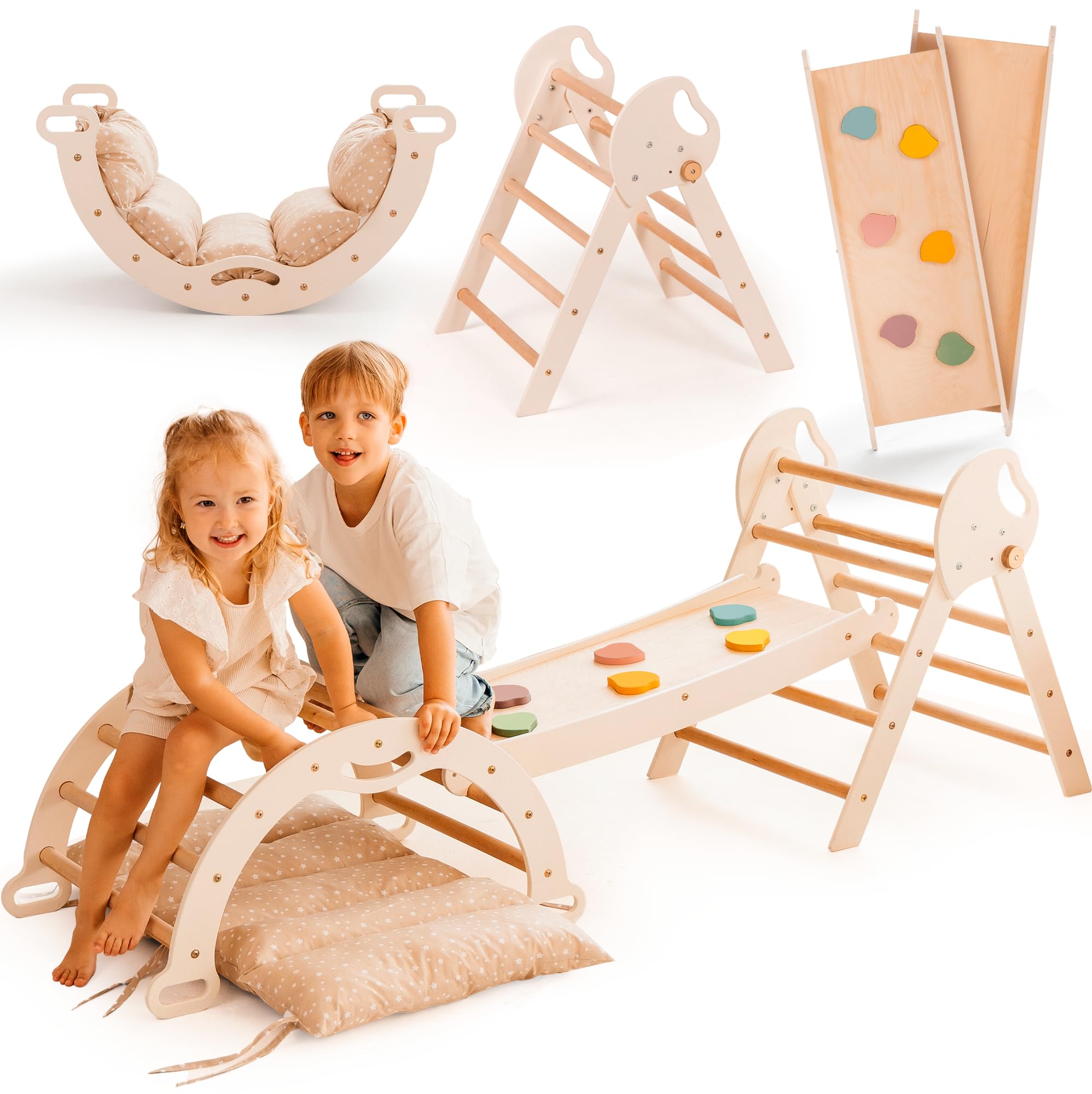5-in-1 Toddler Climbing Toys Indoor Set - Pikler Triangle, Climbing Arch, Balance Cushion, Montessori Climbing Gym for Toddlers 1-3, Foldable Wooden Baby Activity Center, Jungle Gym for Kids
