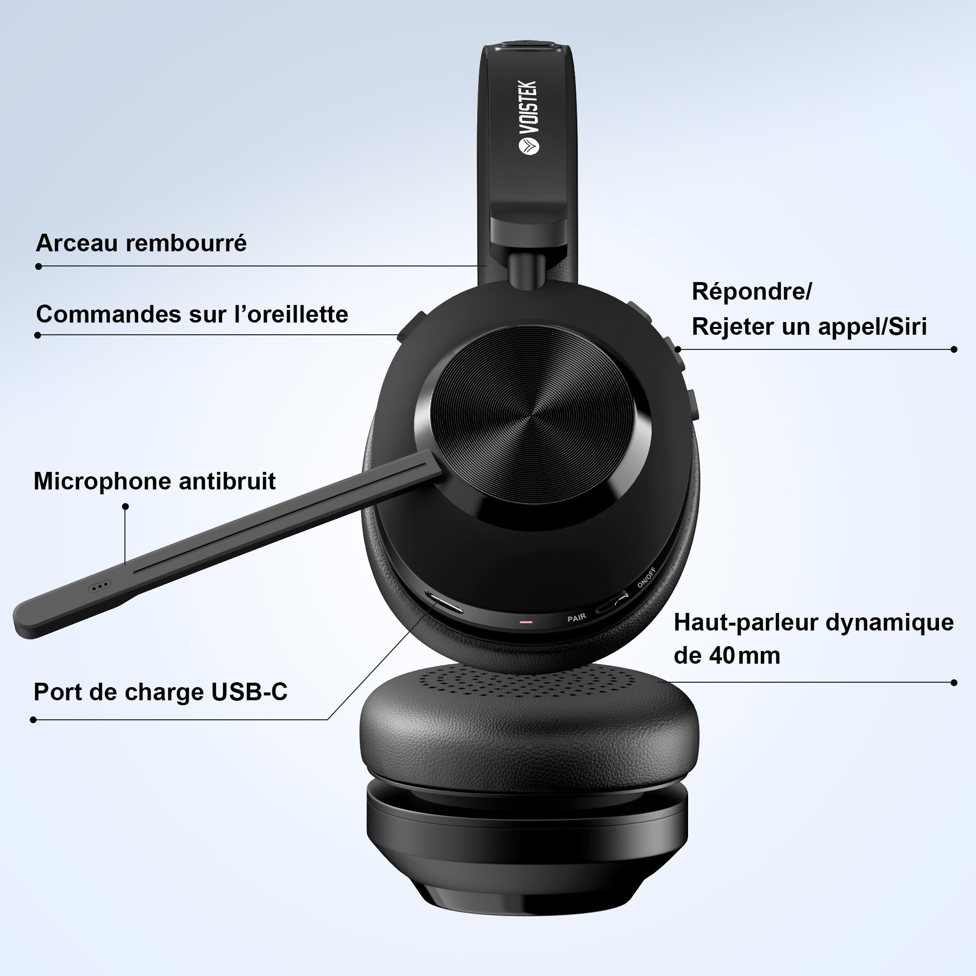 Voistek Casque Bluetooth Sans Fil avec Microphone pour PC/Ordinateur Portable, Léger on Ear, Microphone Réglable à Réduction de Bruit, Casque Audio Sans Fil pour Bureau, Télétravail, Chat, Zoom, Teams