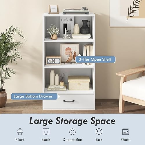 Miniatura 5 de GOFLAME Estantería de 4 niveles con cajón de almacenamiento, moderna estantería alta con 3 estantes abiertos, estantería de almacenamiento