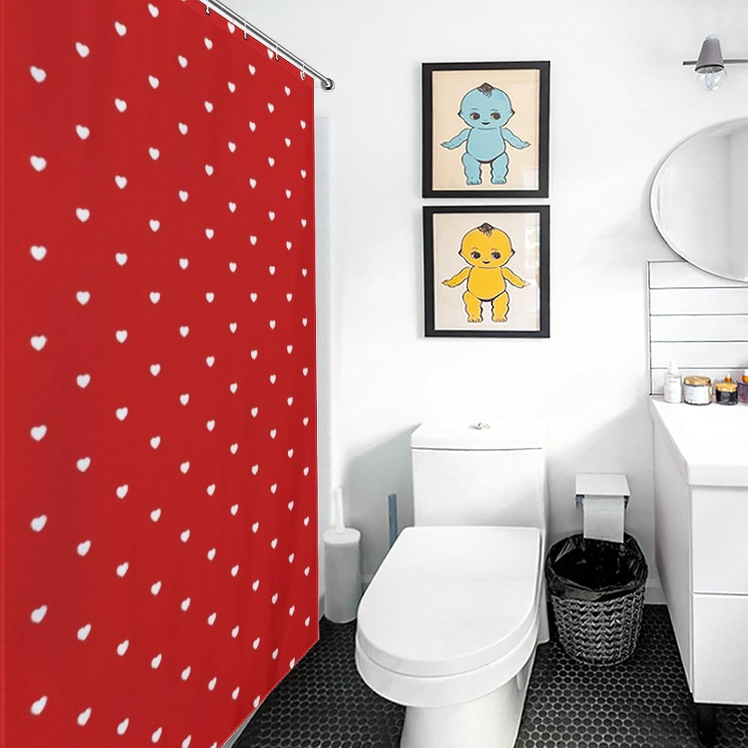 Shower Curtain Liner Set， Cute Valentine's Day Red Hearts Waterproof Fabric Curtains for Bathroom Bathtub Decor, 60 X 72inch