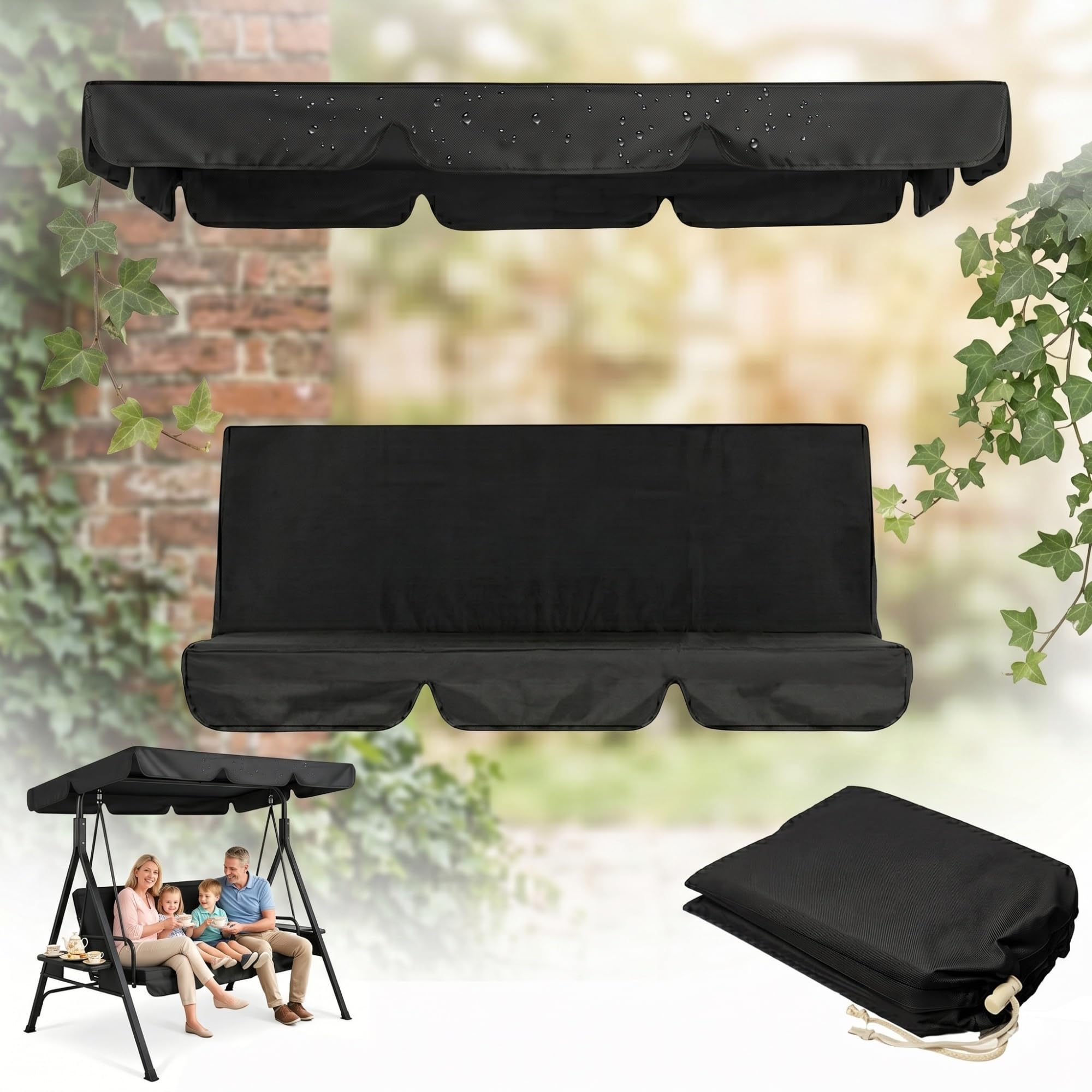 210d Garden Swing Canopy And Seat Cover Set, Heavy Duty Waterproof & Uv Resistant Replacement For 3-Seater Swing, 2-In-1 Outdoor Furniture Protector(Black,195*125*15cm+150*50*10cm)