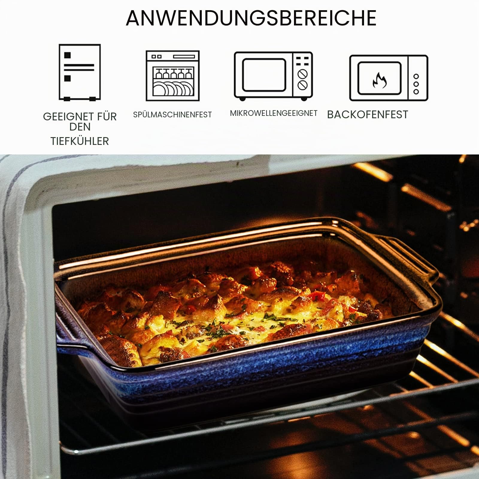 UNICASA Keramik Auflaufform Mit Deckle, Backformen Rechteckig 39 x 24 x 9 cm, Pastetenform Steinzeug groß 3000 mL
