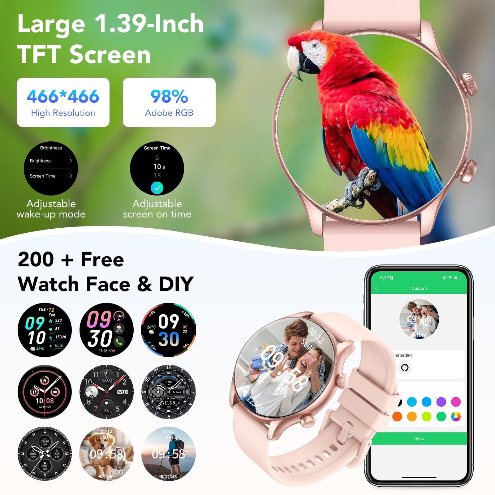 Smartwatch Donna, 1.39" Orologio Smartwatch Donna con Effettua/Risposta Chiamate, Fitness Tracker con 120+ Sportive, Contapassi/SpO2/Cardiofrequenzimetro, IP68 Smart Watch per Android iOS (Rosa)