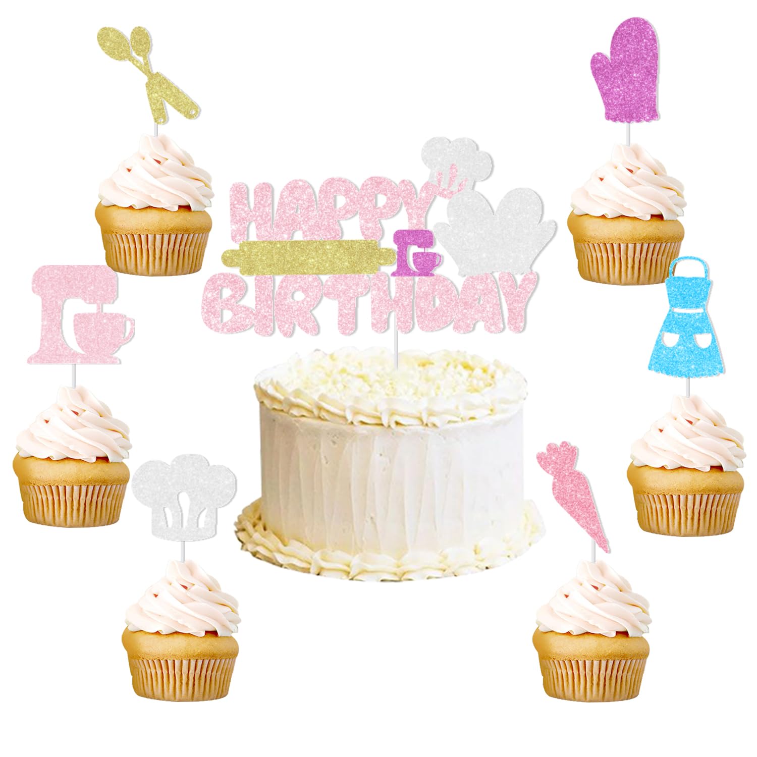 Baking Cake Topper - Little Bakers Birthday Party Decorations, Glitter Cone Dessert Cupcake Toppers Cooking Chef Theme Party Decor for Girls Macaron