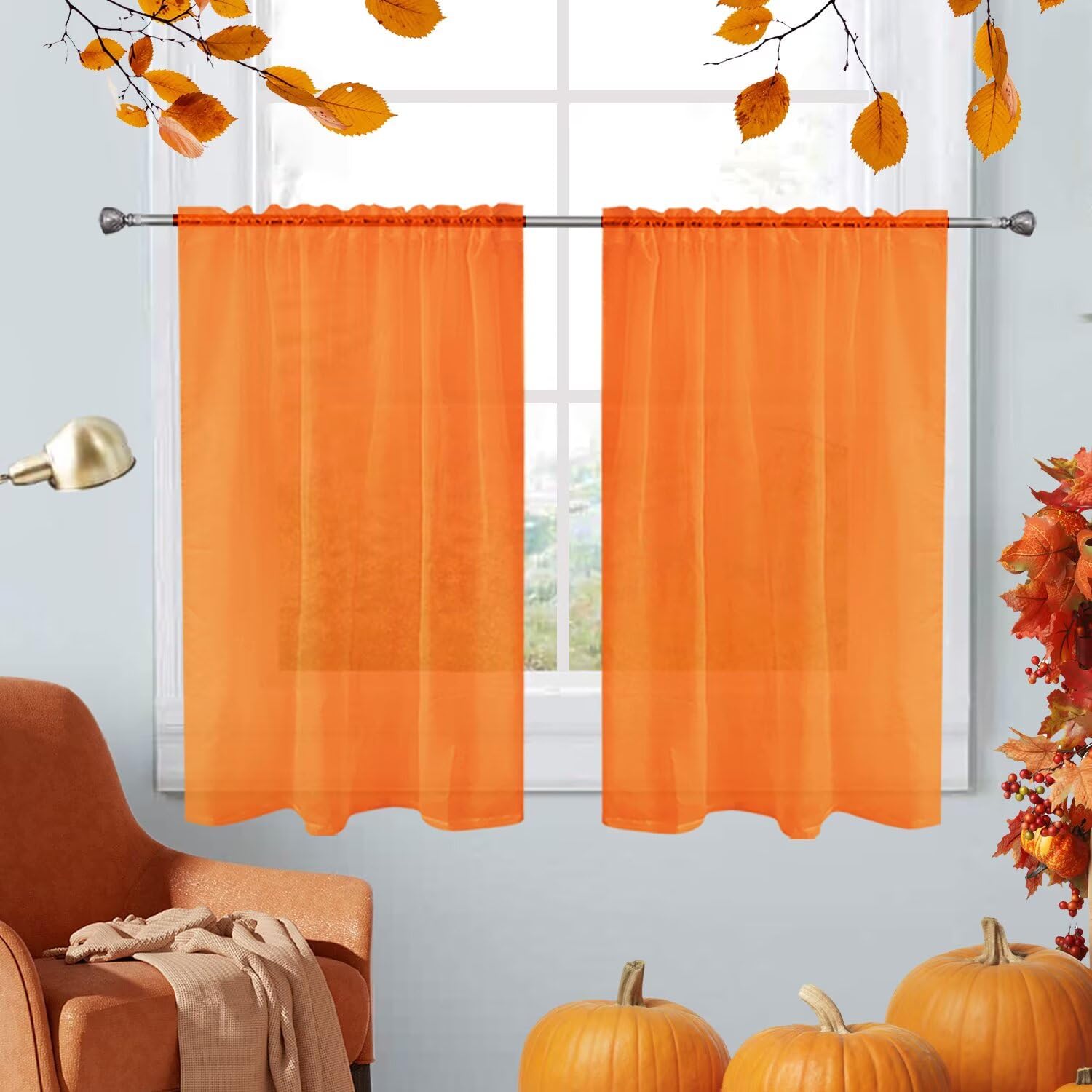 SpaceDresser Basic Rod Pocket Sheer Voile Window Curtain Panels Orange 1 Pair 2 Panels 26 Width 40 Inch Long for Kitchen Bedroom Children Living Room Yard（Orange，26Wx 40L） — image 1