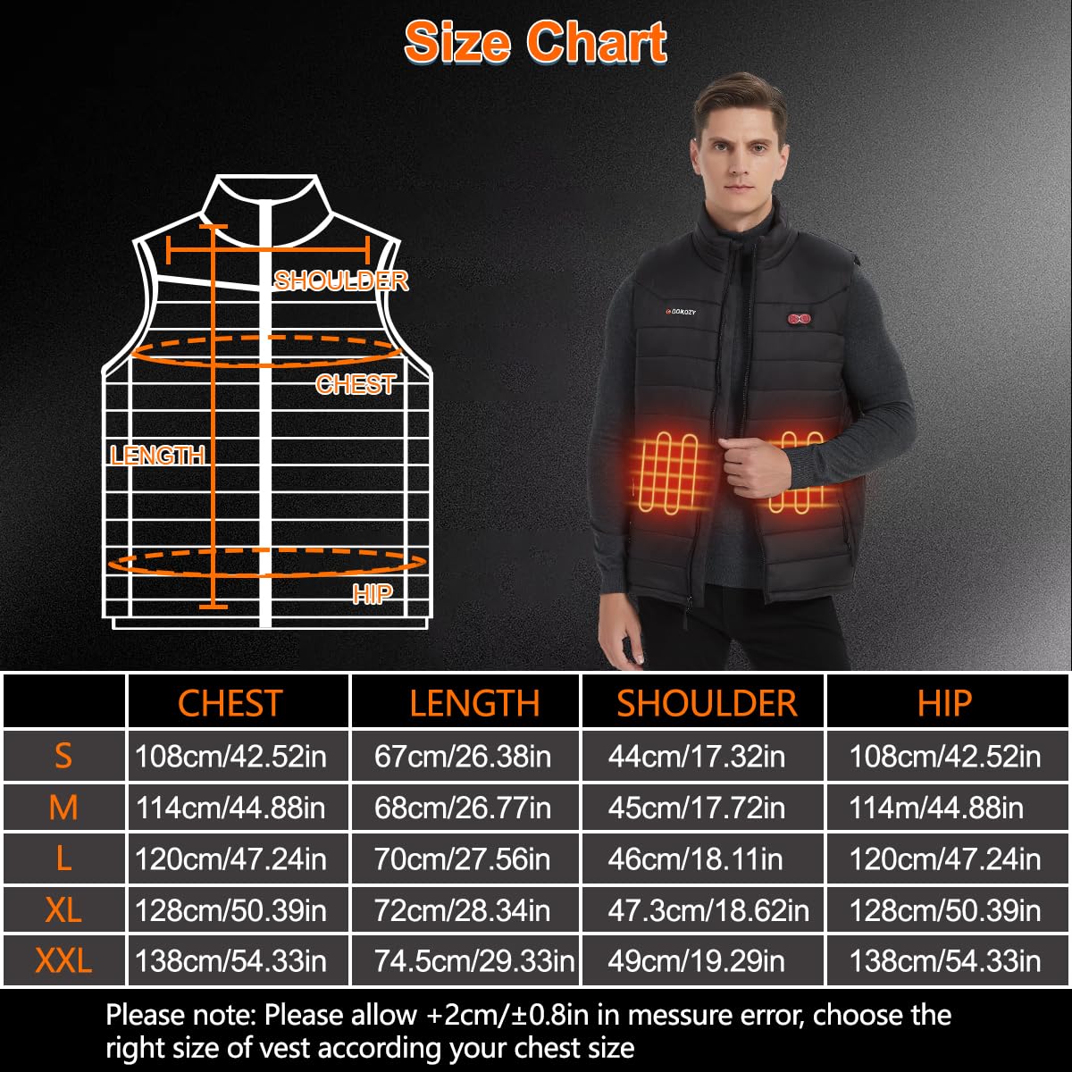 Gokozy Gilet Riscaldato Uomo con Power Bank da 10000mAh Giubbino Riscaldato Uomo con 5 Zone di Riscaldamento Leggera e Impermeabile per Caccia ed Escursionismo