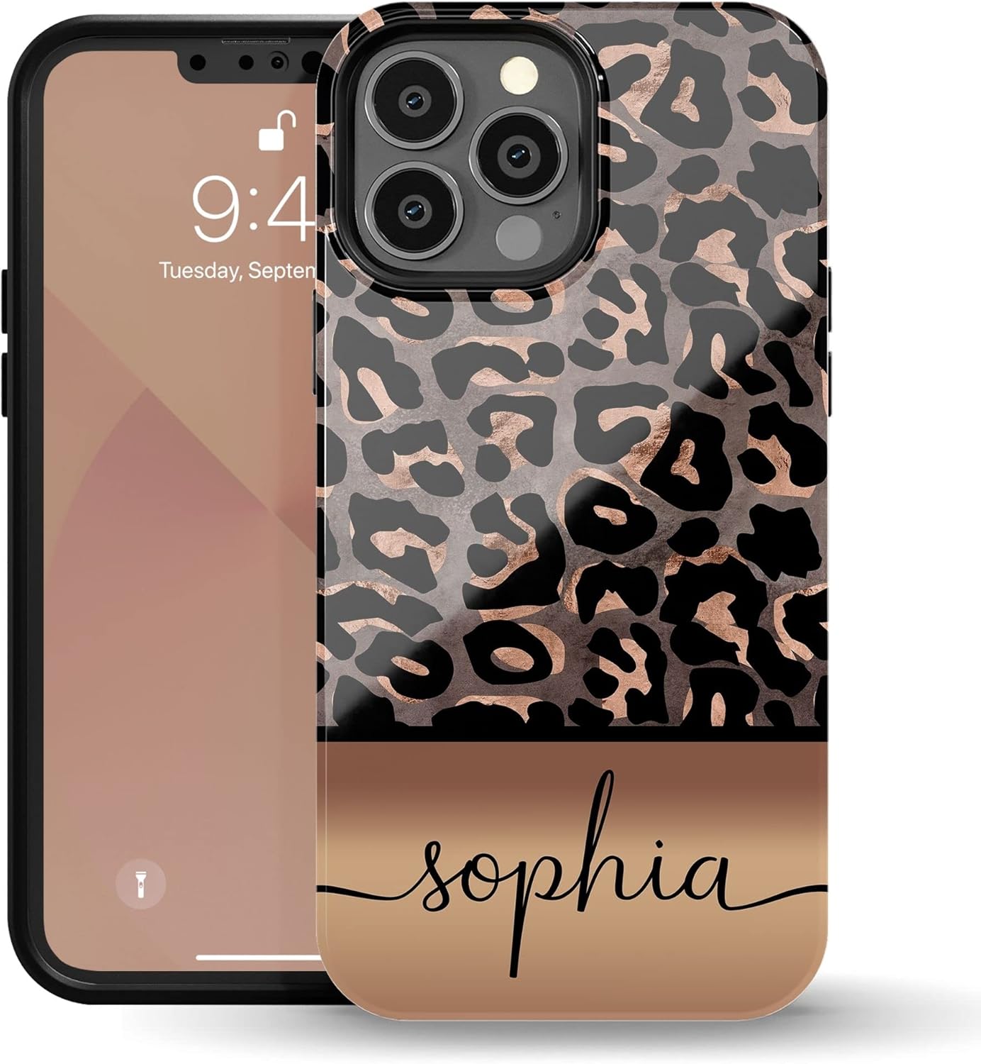Custom Leopard Name Case Personalized Golden/Gray Cheetah Case Compatible with iPhone 17 Air, 16 Pro Max, 15 Plus, 14, 13 Mini, 12, 11, X/XS Max, XR, 7/8