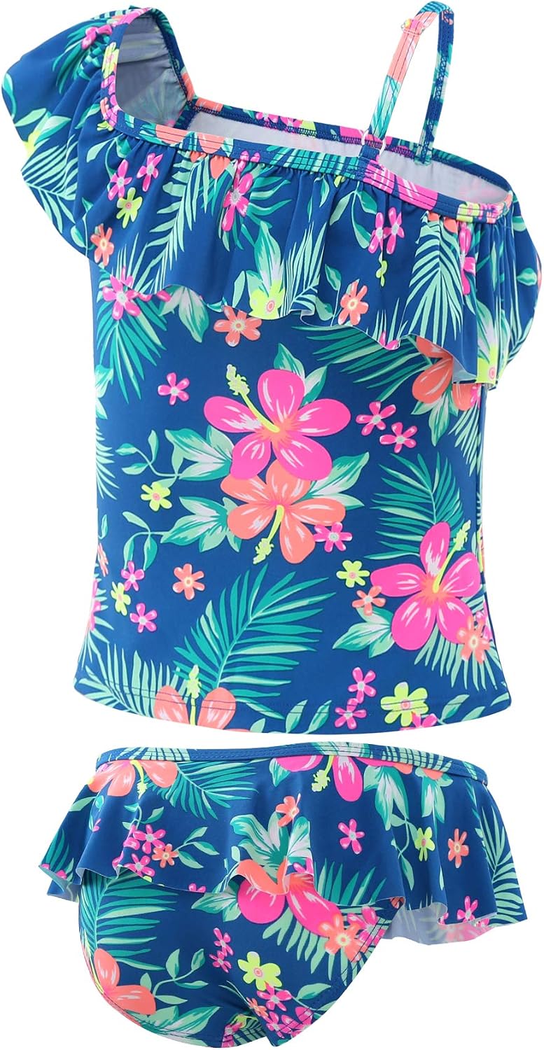 Girls Two Piece Swimsuits Hawaiian Ruffle Tankini Swimwear Bathing Suit Set
