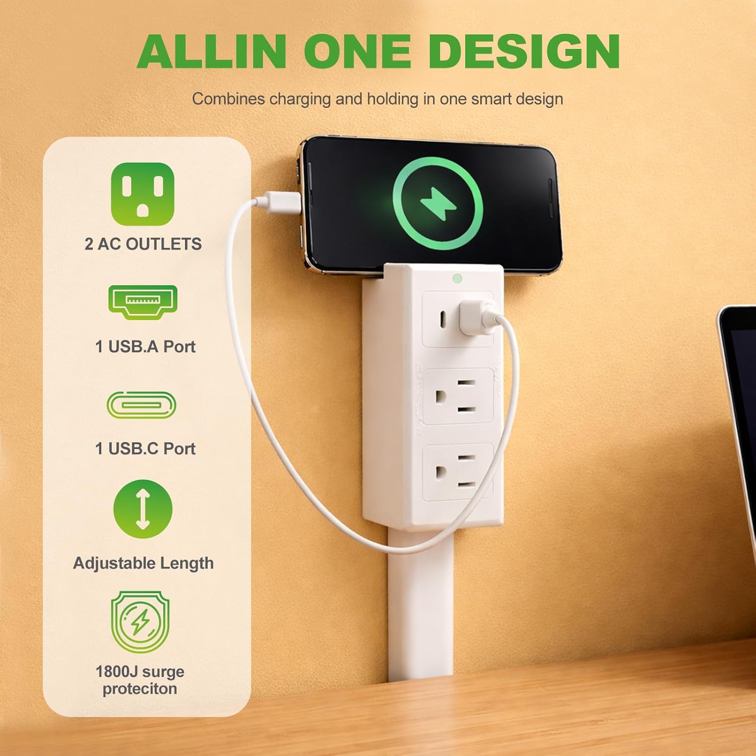 Rotates 180° Electrical Outlet Extender with 2 AC 1 USB-A 1 Type-C,Extends 17"-27" Power Outlet Extender Stick Access Hard-to-Reach for Bedroom Office Behind Couches Nightstands Desks Sofa