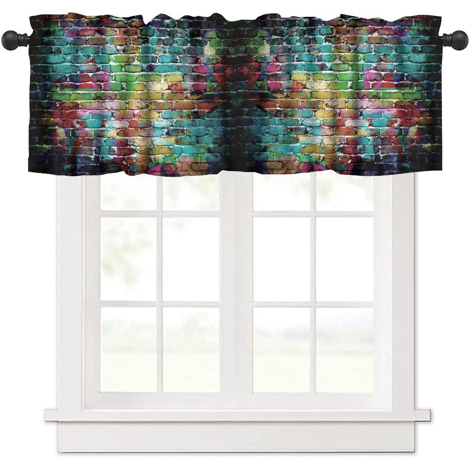 moderw Rustic Colorful Brick Wall Valance Curtains Vintage Rainbow Painting Graffiti Bricks Window Treatment Valance for Country Farmhouse Dining Living Room Kitchen Café Décor 54x18inch