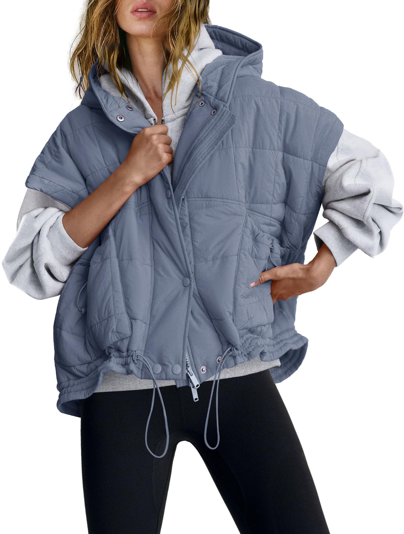 Cropped Puffer Vest Women Lightweight Quilted Jacket Oversized Poncho Stand Collar Full Zip Sleeveless Coat-image-46