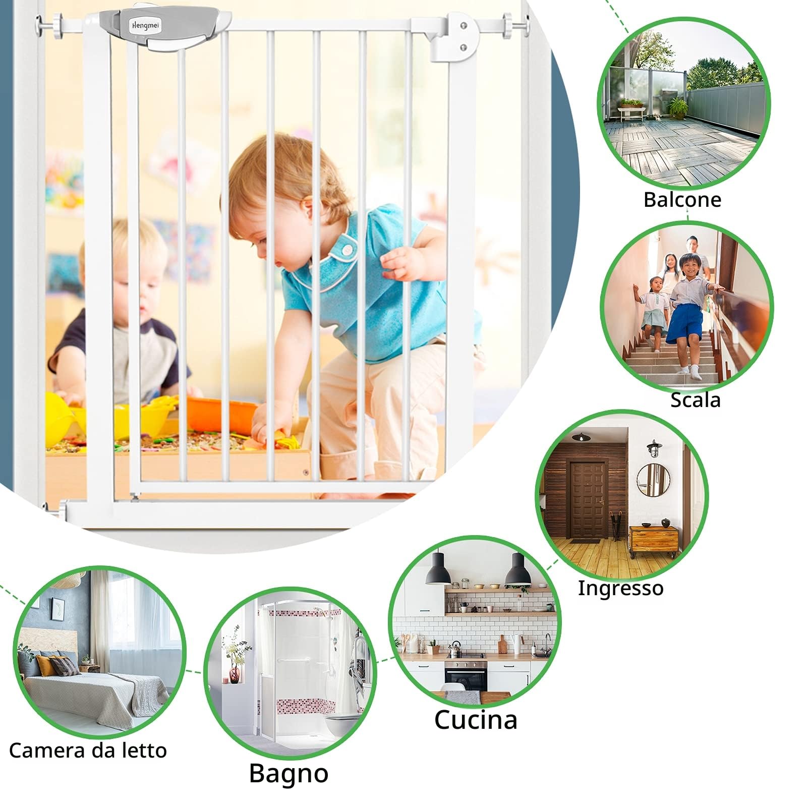 LARS360 Barriera di protezione per scale, senza foratura, estensibile, apertura con una sola mano e chiusura automatica, in metallo, per neonati e animali domestici, 105-115 cm, bianco