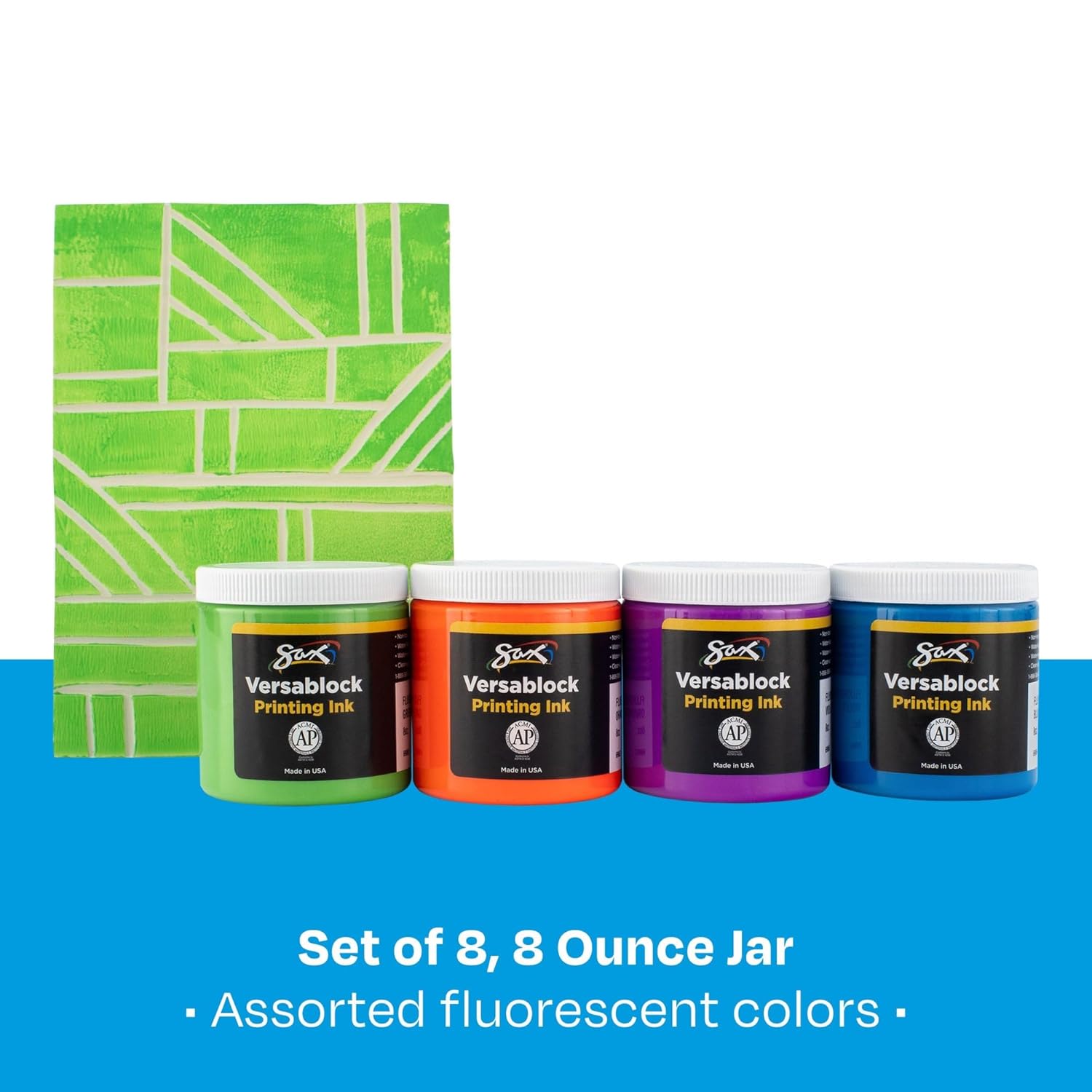 Sax 457451 Versablock Water-Based Fluorescent Block Printing Ink, 8 Ounces, Assorted Colors, Set of 8