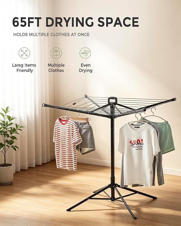 SUPTINWEAR 65FT Umbrella Clothesline, One-Press Foldable Rotary Drying Rack with 4-Leg Stable Base, Indoor Outdoor Clothes Drying Rack with Ground Stakes & 24 Clips by SUPTINWEAR - Used condition - Image 6