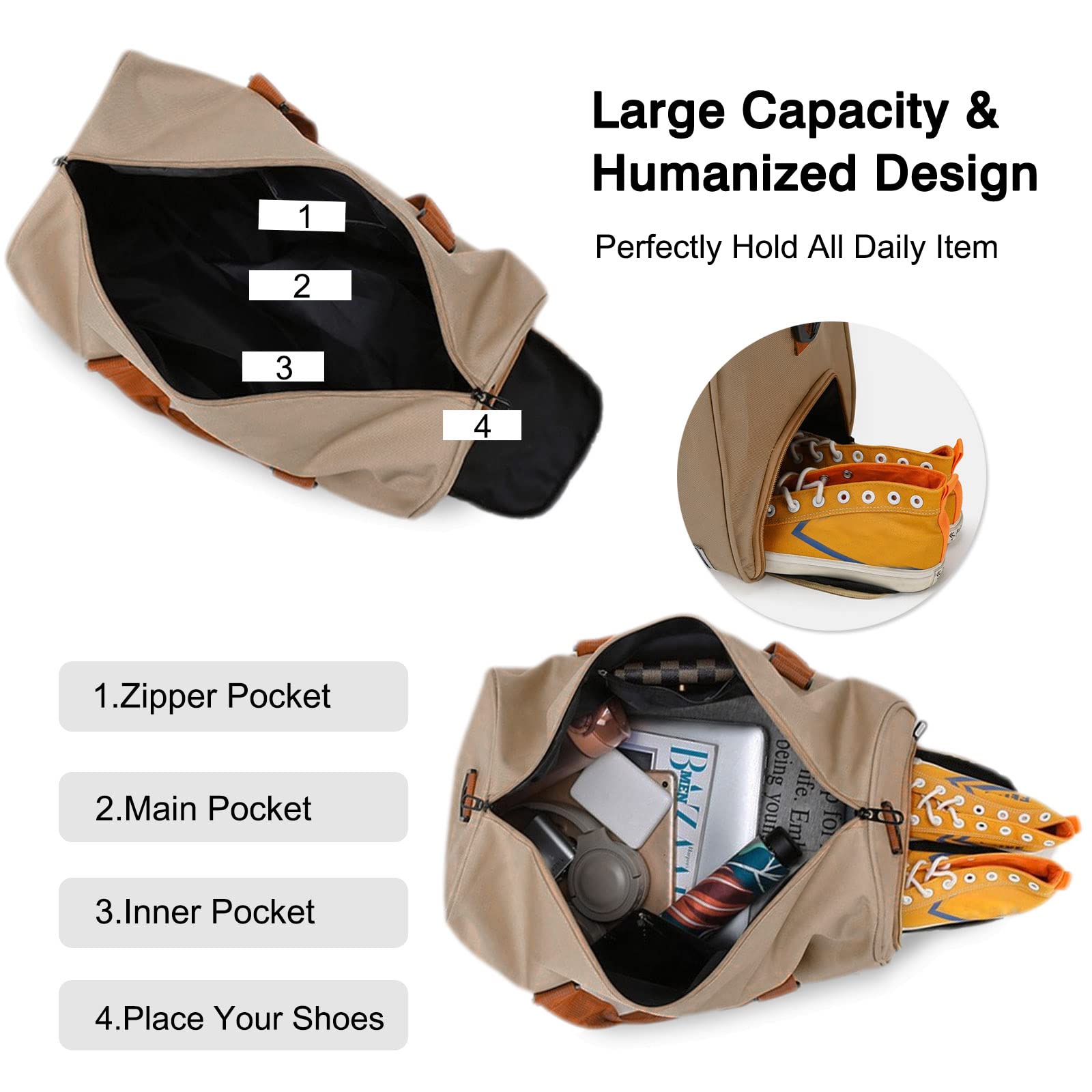 FANDARE Borsone da Viaggio Borsone Palestra Sportiva Borsa Palestra Borsa Sportiva Weekender Donna Uomo Piscina Palestra Borsa a Spalla Grande Capacità Borsa a Tracolla con Scomparto Scarpe Cachi