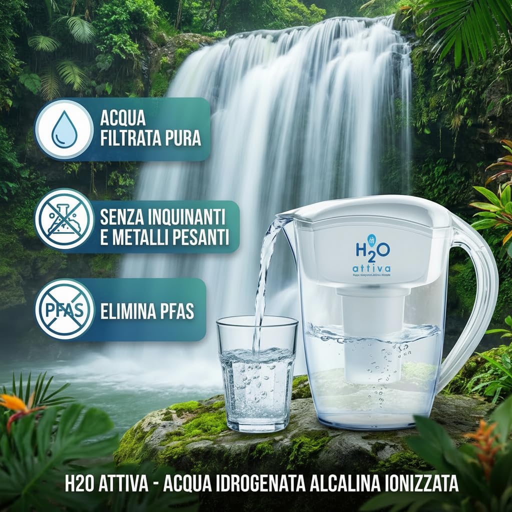 H2O Attiva | Caraffa Filtrante - Acqua Idrogenata, Alcalina, Ionizzata Purificata Naturalmente pH Elevato | 1 Filtro Lunga Durata Sistema Filtraggio Multistadio | Tritan BPA Free - 3,5 Litri Capacità