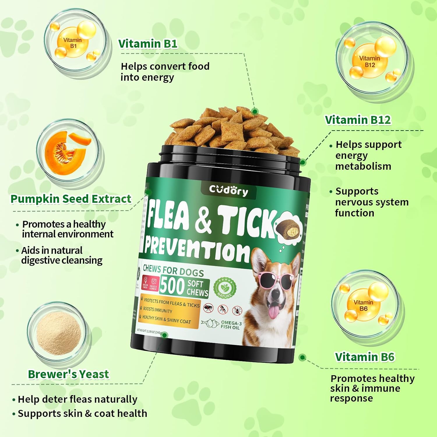 Flea and Tick Prevention for Dogs Chews- 500 Crunchy & Creamy Chews, Dogs Flea Chewables with Skin & Coat Support - Oral Supplement for All Breeds & Ages - Chicken & Cheese Flavor - Image 5