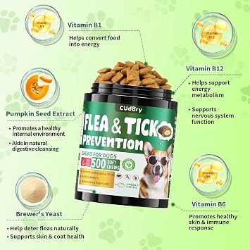 Cudory Flea and Tick Prevention for Dogs, 500 Dog Flea Treatment Chews | Dog Flea and Tick Chewables with Skin and Coat Support, Oral Supplement for All Breeds & Ages, Chicken & Cheese Flavor