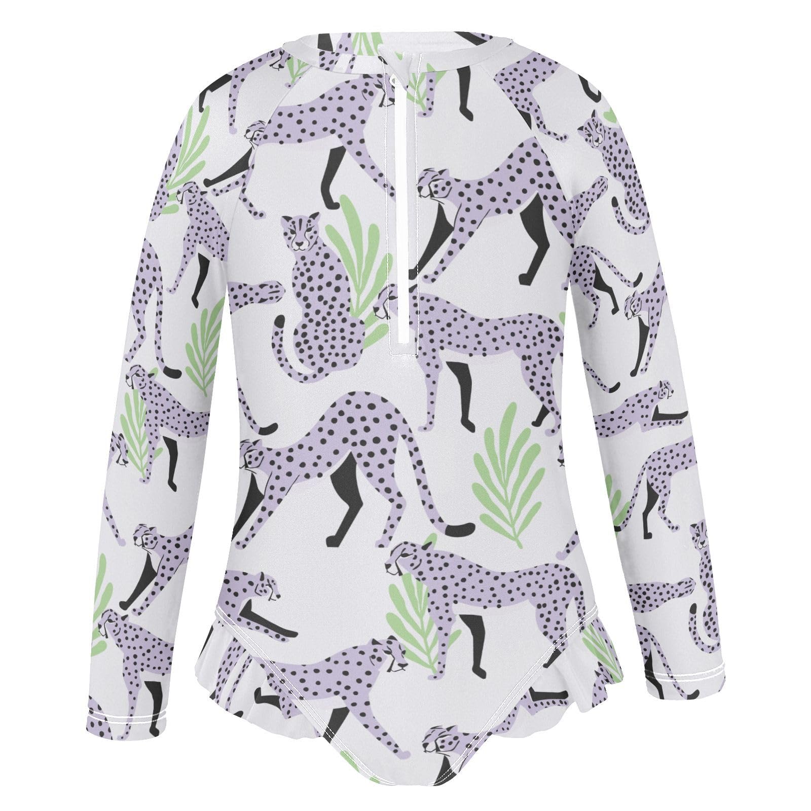 Ollabaky Baby Girls Long Sleeve Swimsuit Light Purples Cheetahs One Piece Bathing Suit Rash Guard UPF50+ Toddler Girl Swimwear, 9-10T