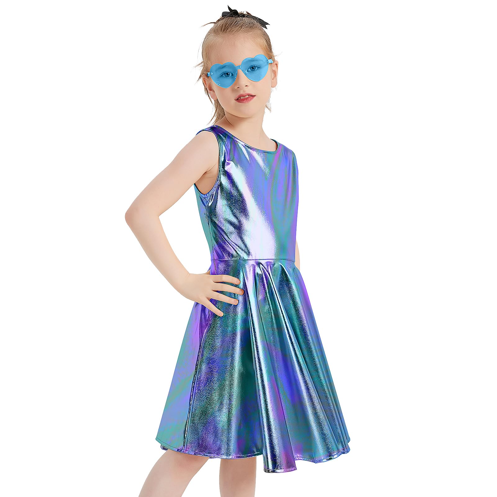 techcity Girls Metallic Shiny Dress Sparkle Flared Pleated Dresses with Sunglasses Party Dance Clothes Costumes