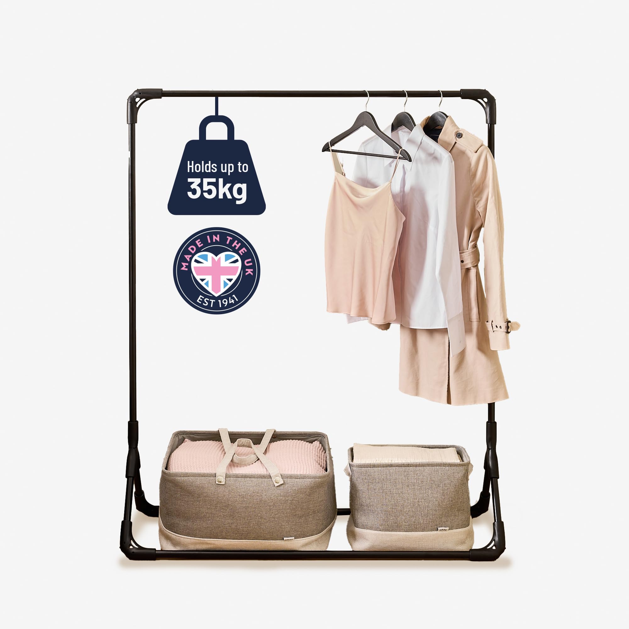 Minky Garment Rail, Heavy Duty Steel Clothes Rail, Freestanding 1m Clothes Rack, Holds Up to 35kg, Space-Saving Design, Strong & Stable, Made in the UK, Black