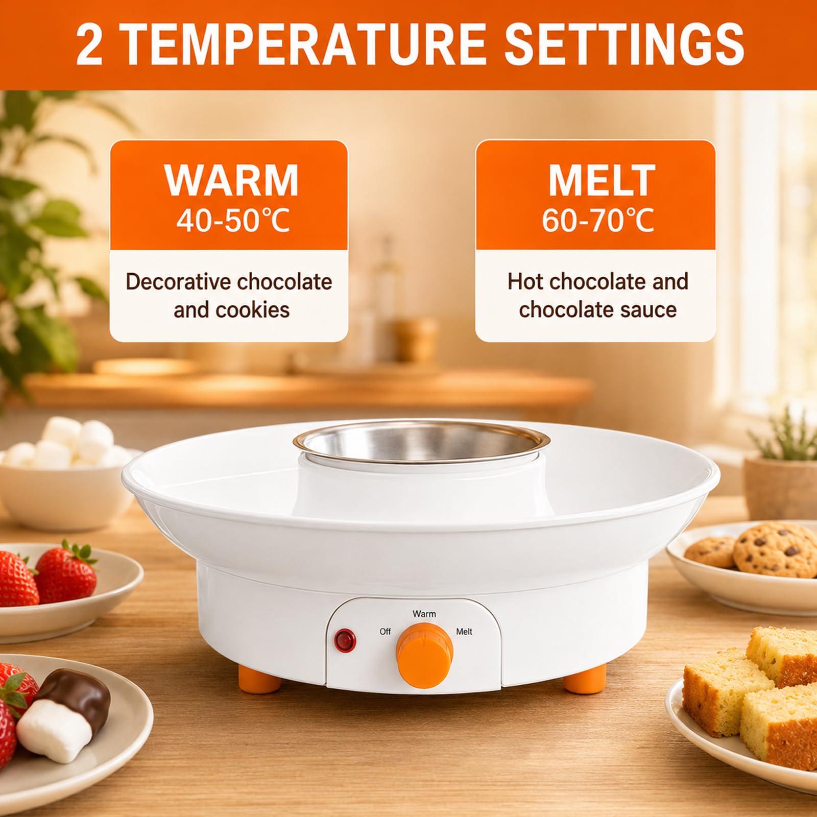 Set Fonduta Elettrica al Cioccolato, Pentola 260ml, 2 Livelli, 4 Forchette | Macchina per S'mores 2-in-1 con Vassoio da Portata Rimovibile per Cioccolato, Formaggio, Caramello e Feste(white)