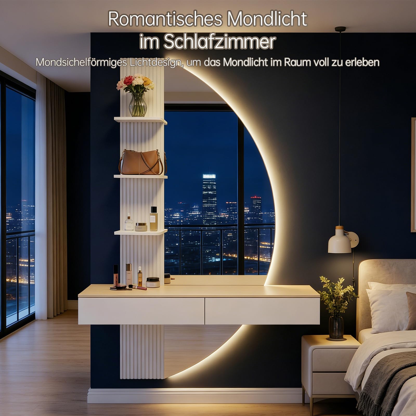 TRIUMPHKEY Wand-Schminktisch mit LED-Beleuchtung & Großem HD-Spiegel – Schwebender Schminktisch mit Schubladen, Touch-Dimmer, 3 Lichtfarben, Weiß