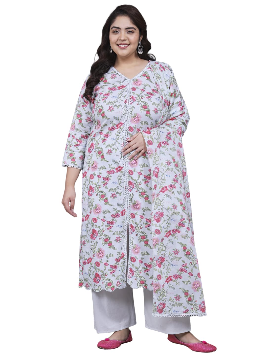 Tissu Women's Plus Size Floral Printed Pure Cotton Kurta & Palazzo With Dupatta (T_680_Green_5Xl)