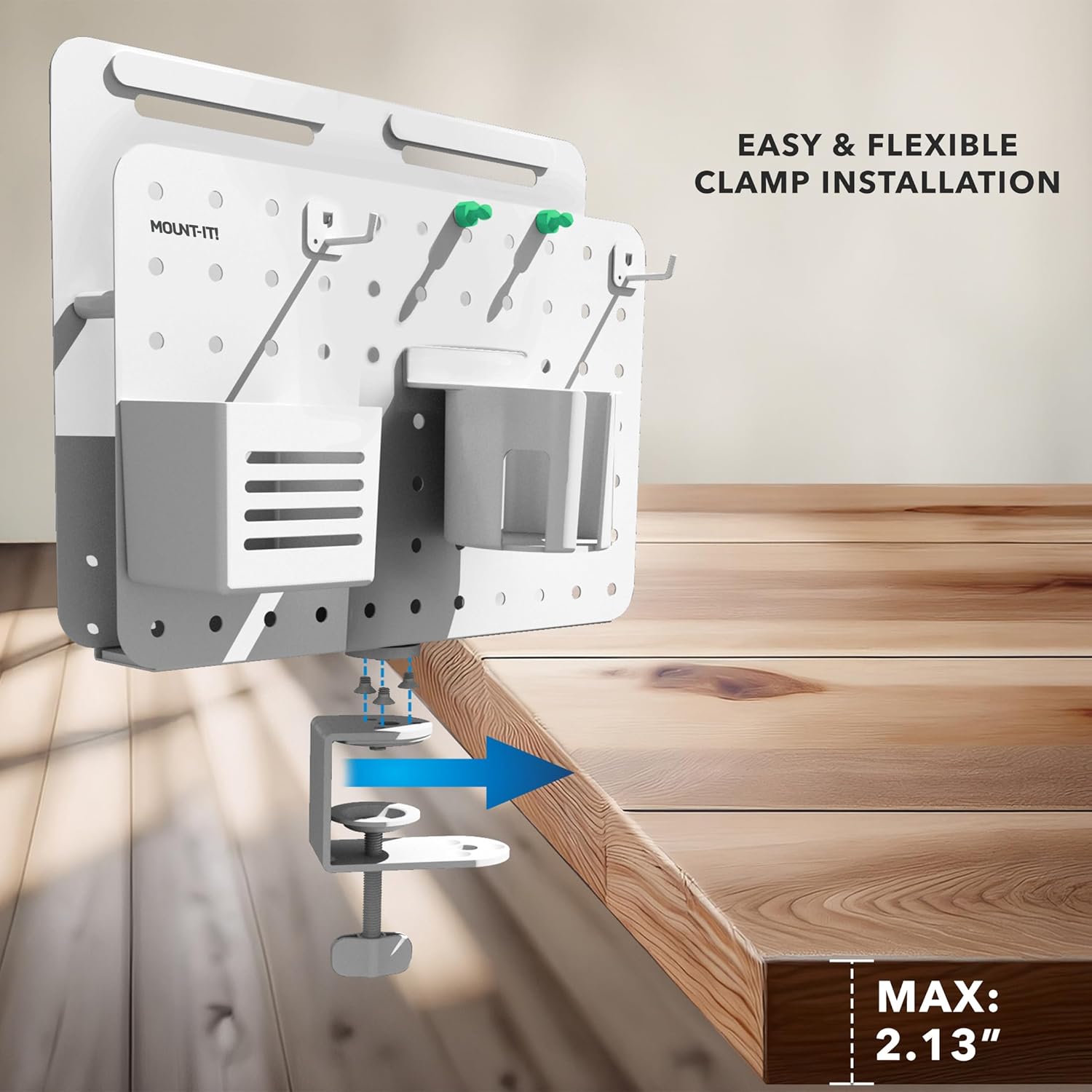 Mount-It! Desk Mounted Pegboard Organizer with 360° Rotation | Includes Cup Holder, Pen Holder, Hooks & Magnets | Clamp-on Desk Storage for Home Office, Workshop, Crafting Station (White)