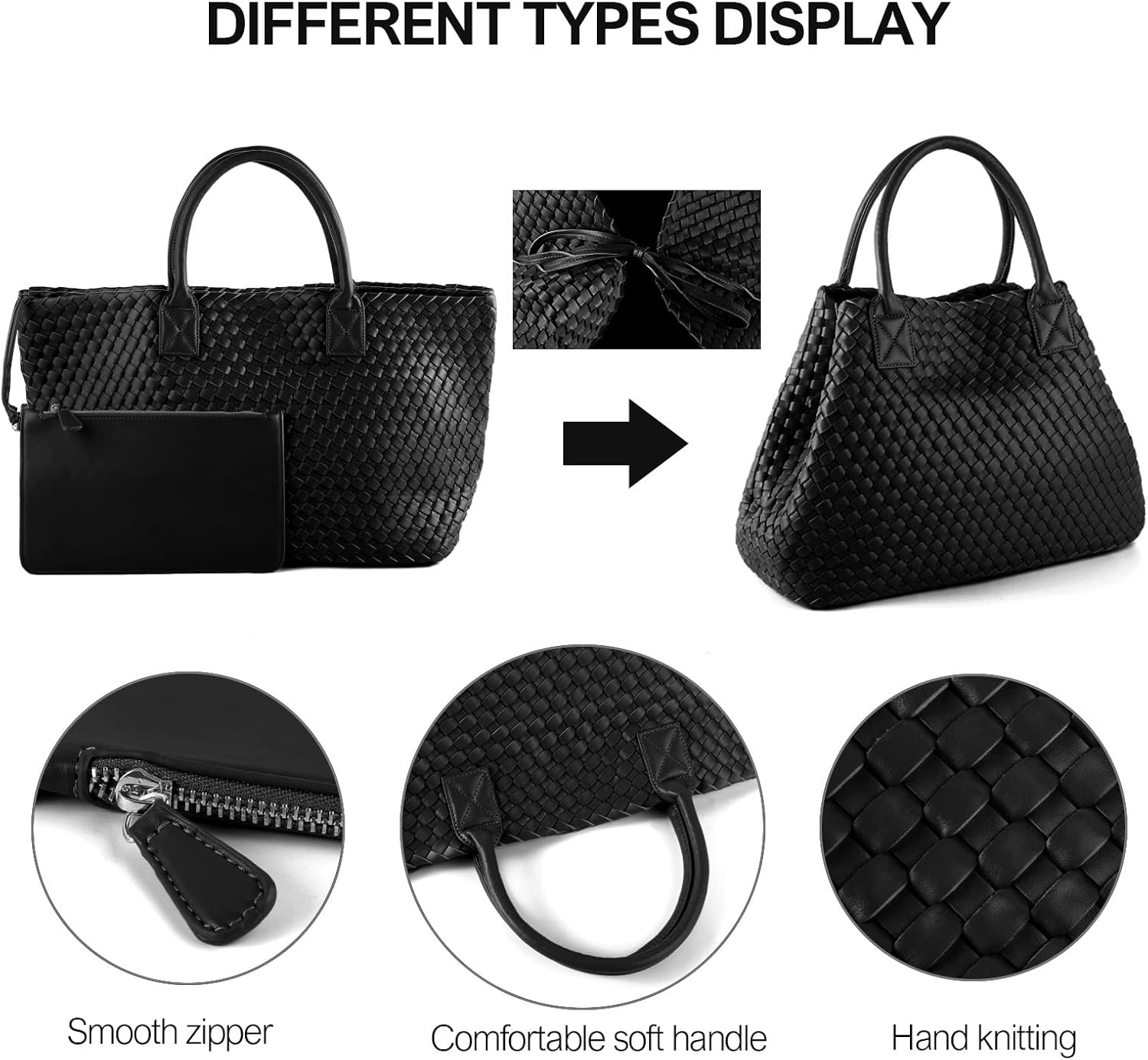 Woven Tote Bag for Women Retro Handwoven Shoulder Travel Handbag Large Capacity Hobo Vegan Leather Bags with Purse - Image 4