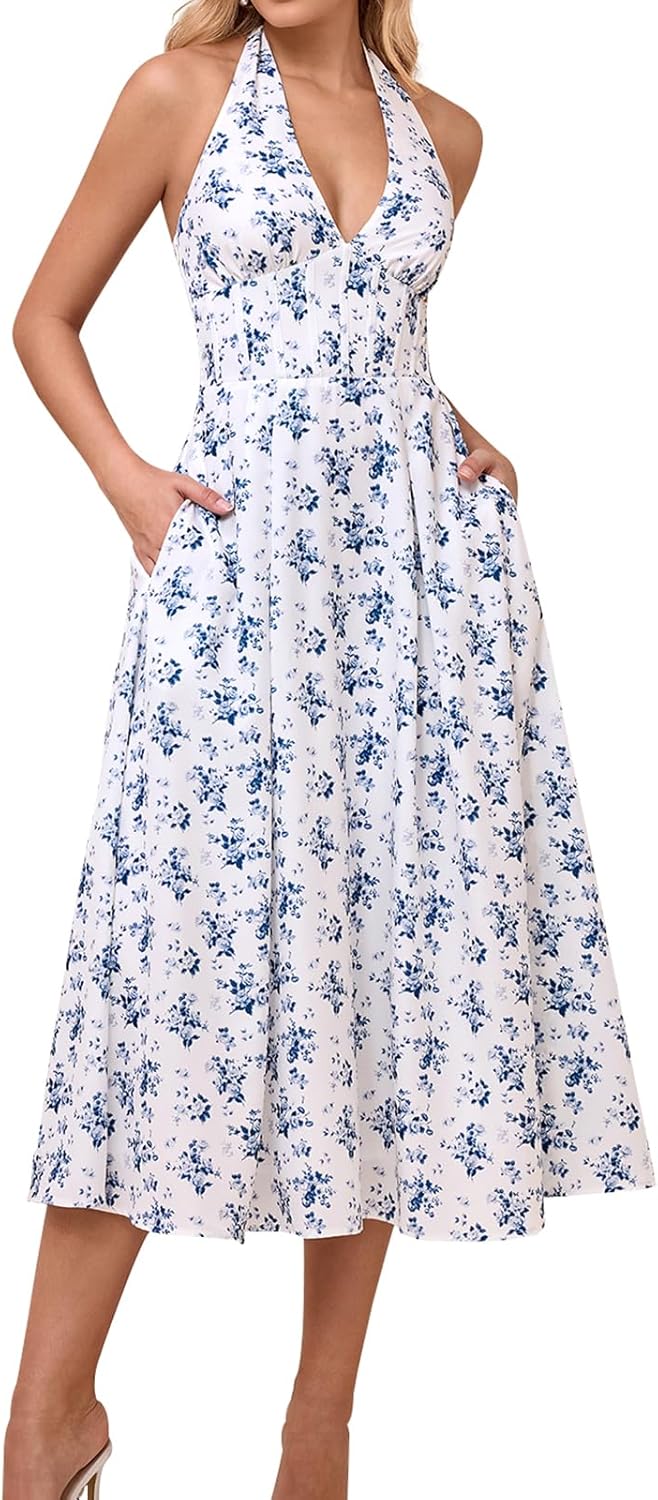 GLNEGE Floral Halter Corset Midi Sun Dress V Neck Bow Tie Smocked Back Flowy Wedding Guest Dresses for Women with Pockets