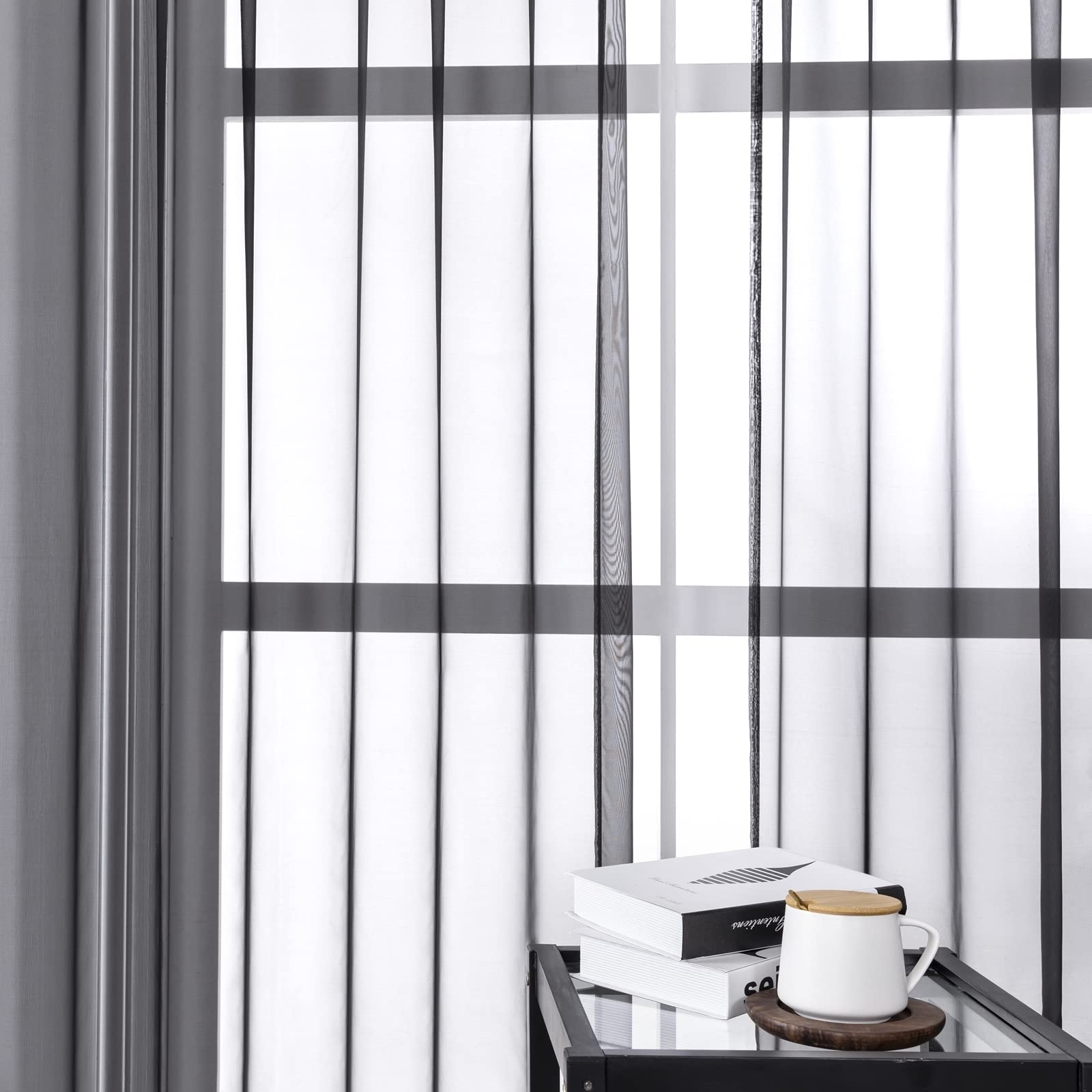 Rideau Transparent Salon 102x183, Rideaux Voilage Moderne pour Chambre Polyester Aspect Fil Noir, Passe Tringle, Lot de 2