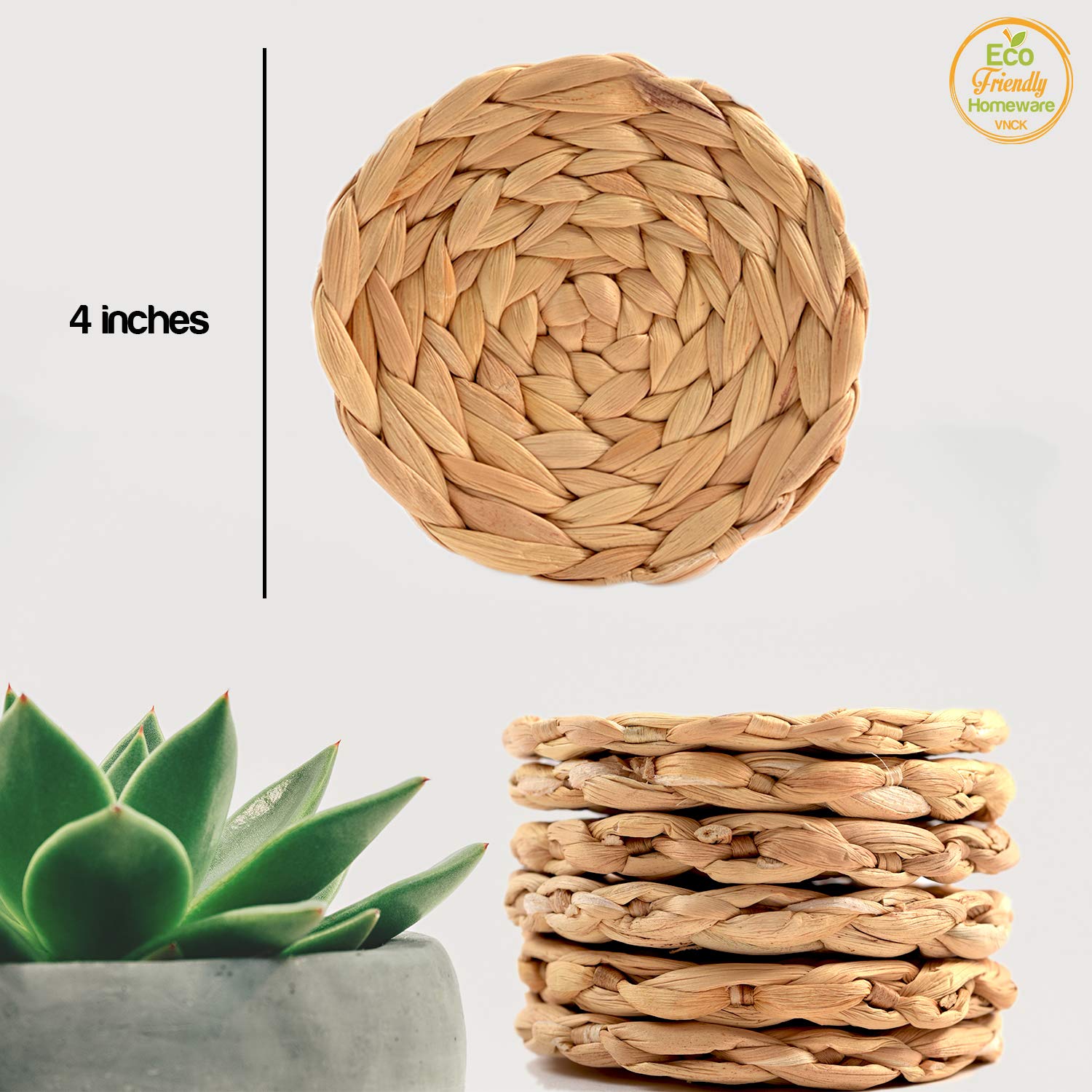 Water Hyacinth Drink Coasters Set of 6, Boho & Farmhouse Style, Absorbent & Cute, Perfect for Living Room & Desk