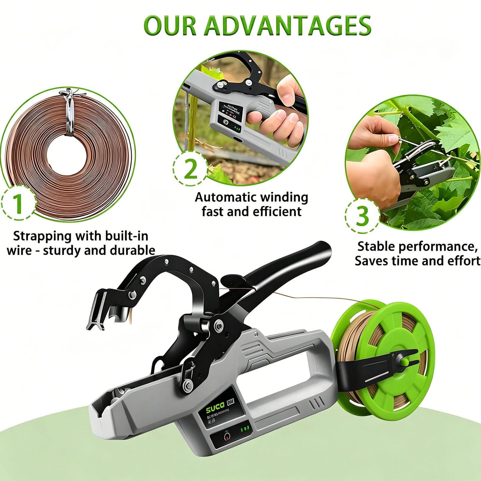 Máquina atadora de plantas inalámbrica, herramienta eléctrica para atar ramas con 2 rollos de hilo para atar uvas, tomates, herramienta de encuadernación de 45 mm para jardinería y agricultura
