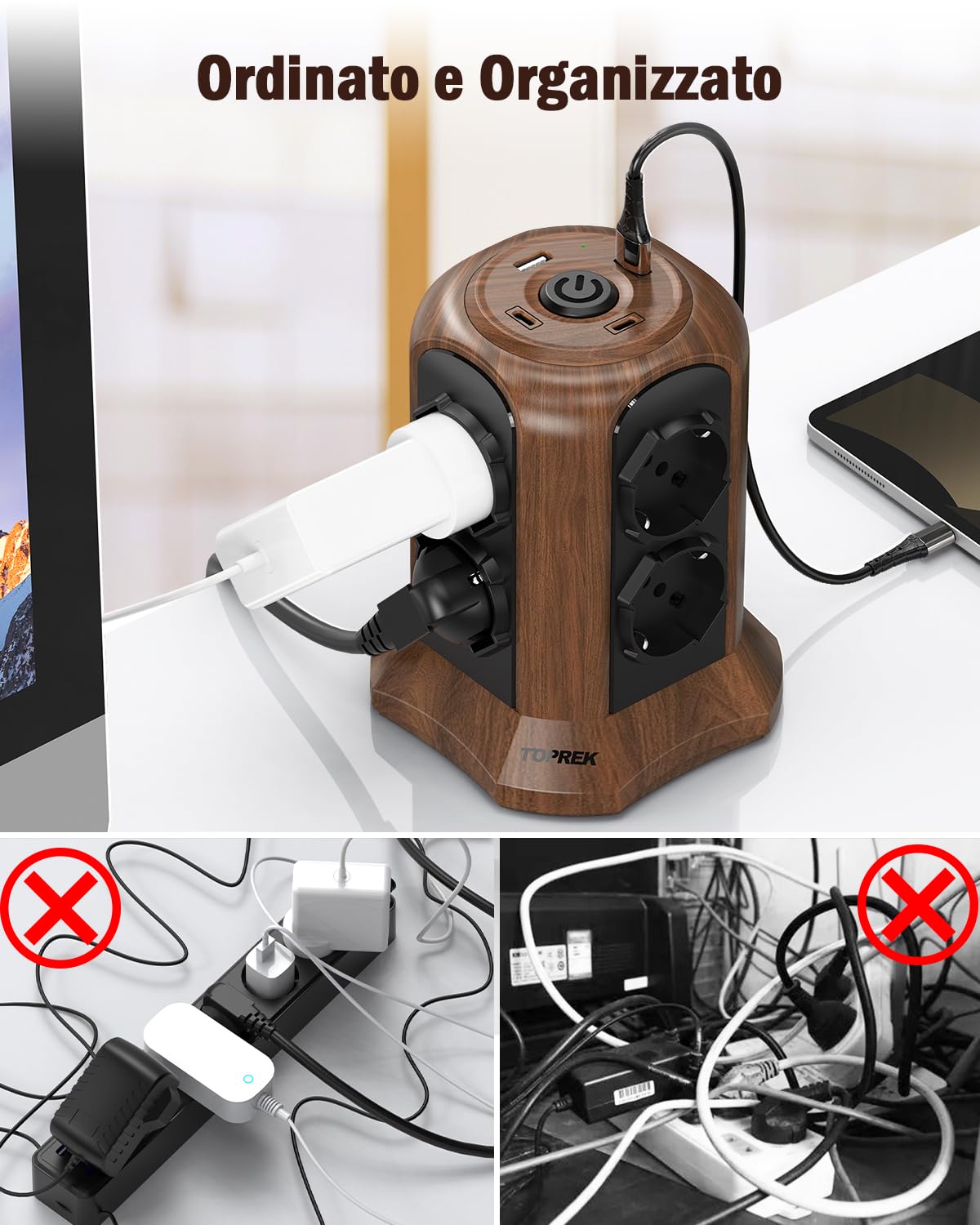 TOPREK Multiprise Verticale Couleur Bois Marron avec 8 Prises Schuko universelles ITA 10/16A et 2 USB C (Charge Rapide PD3.0 20W) 2 USB A, multiprise électrique 2M avec Interrupteur, Prise coudée 90°