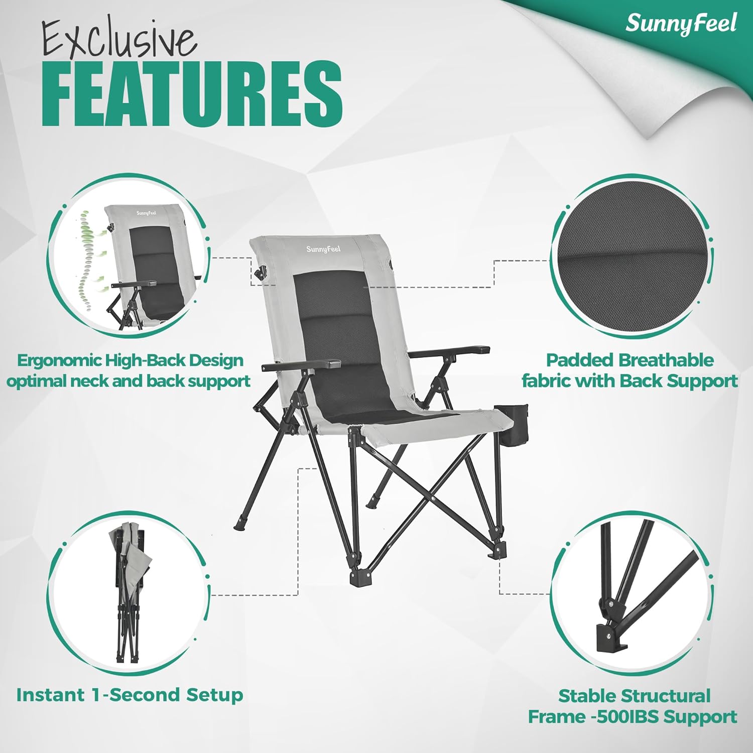 SUNNYFEEL Ergonomic High Back Camping Chair 500lbs Heavy Duty Folding Chair UV-Resistant Portable Camp Chair with Hard Armrests, Cup Holder＆ Bag for Outdoor, Basebal, Travel, Sports, Hiking, Fishing