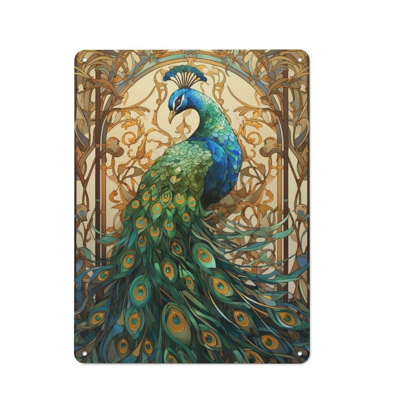 Junmoney Peecock Stained Glass Tin Wall Sign 40X30cm, Character Room Wall Plaque For Bedroom, Kitchen, Office Or Living Room