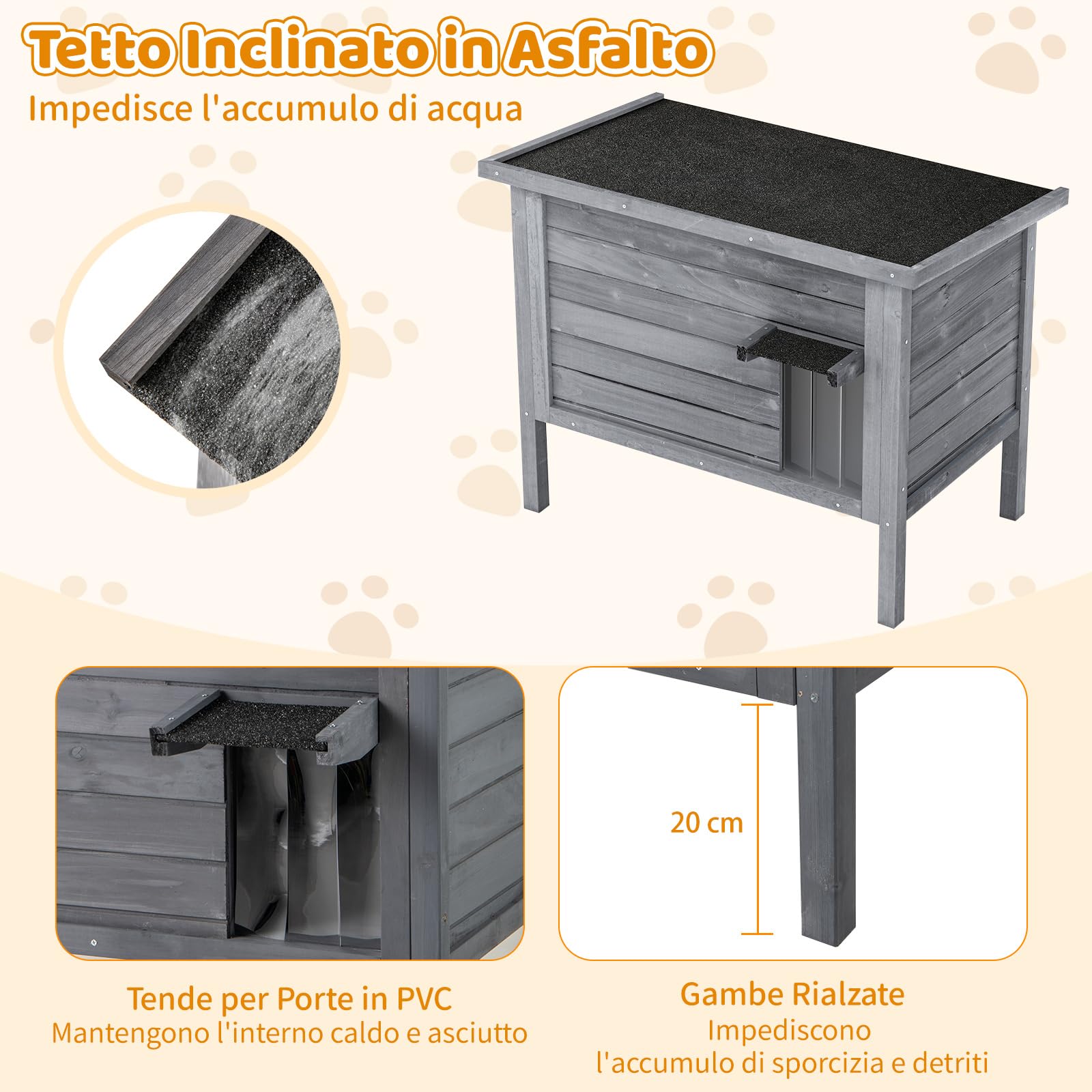 COSTWAY Cuccia per Gatti da Esterno Inverno, Cassetta per Gatti Impermeabile in Legno con Isolamento in Schiuma, 2 Comparti Spaziosi, Tetto Apribile in Asphalt e Porta, 88 x 55 x 71 cm (Grigio)
