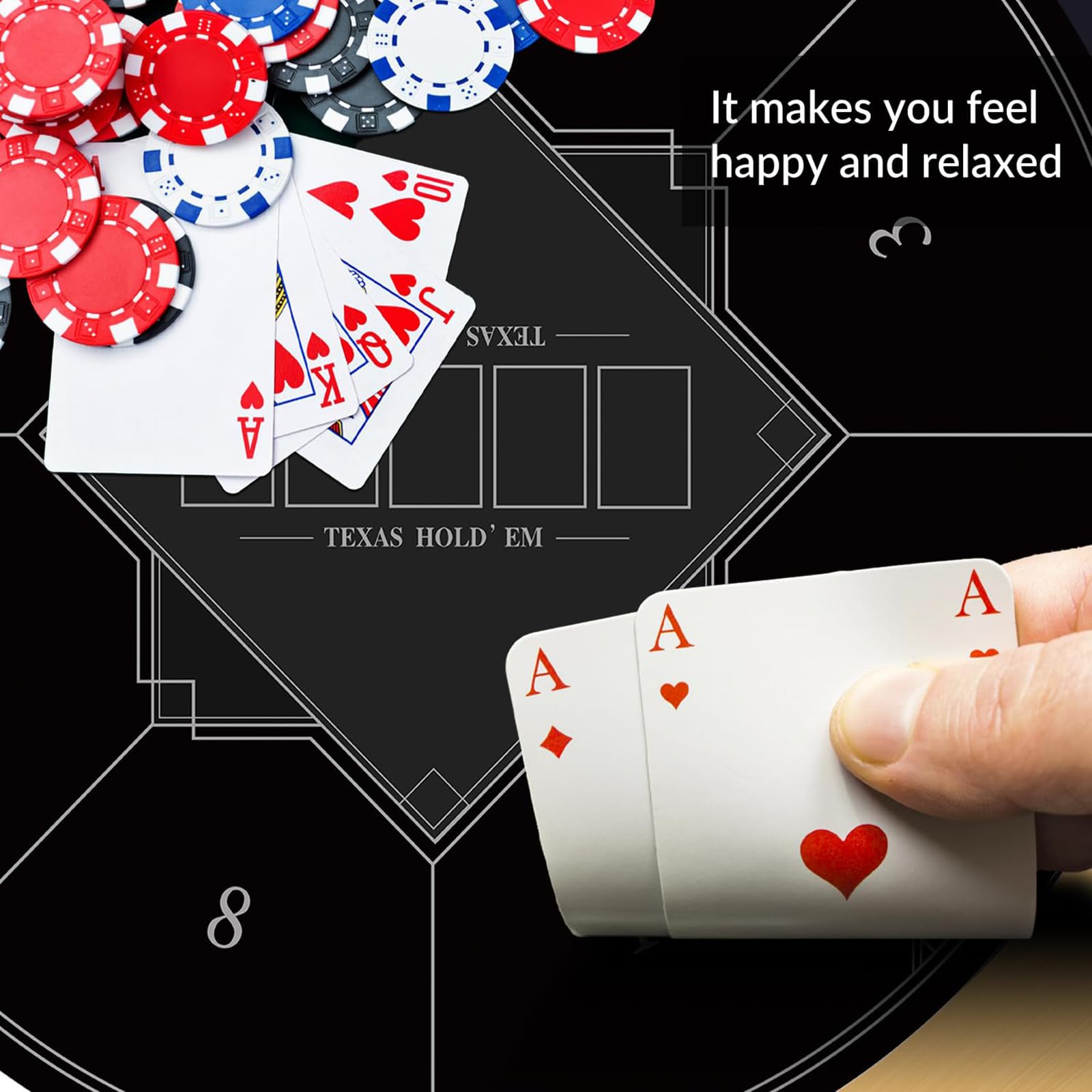 mata do gry w karty, Przenośna okrągła mata do pokera Texas Holdem, składany blat dla 8 graczy z matą nadrukiem w stylu Art Deco(Black,L)