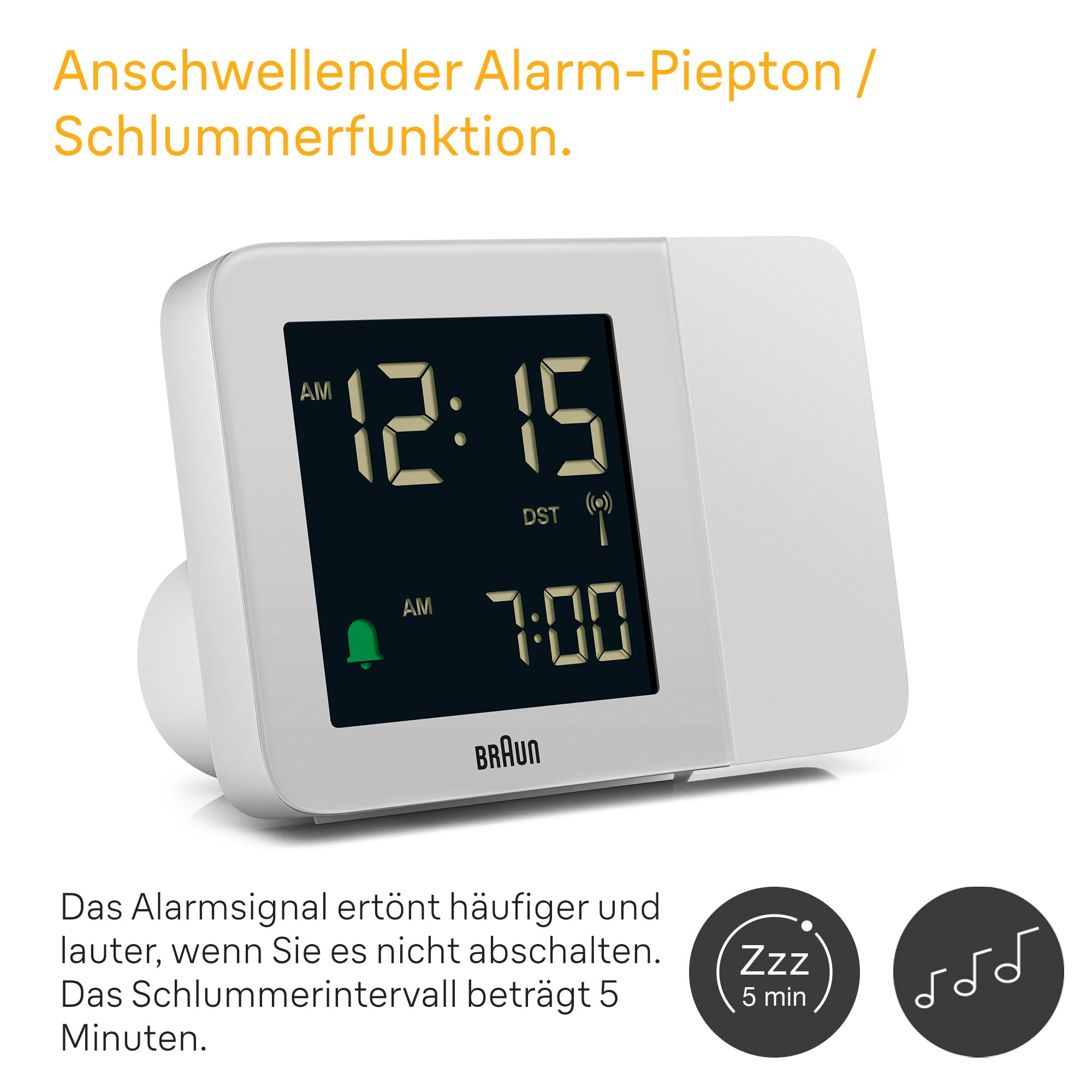Braun Digitaler Funk-Projektionswecker für die mitteleuropäische Zeitzone (DCF) mit negativem LCD-Display, Schnelleinstellung und Alarm-Piepton in Weiß, BC15W-DCF.