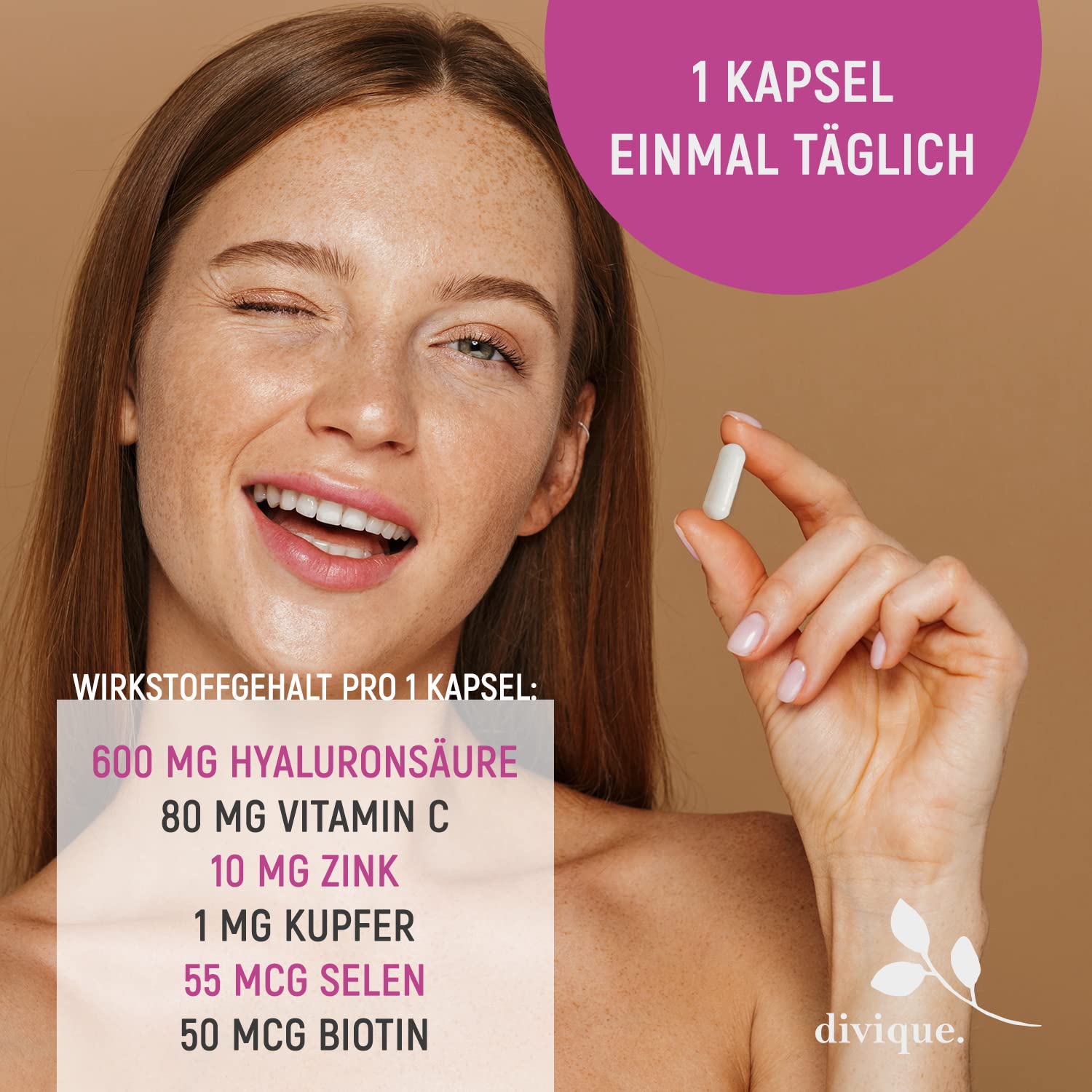 Divique Hyaluron Kapseln (90 Stk.) - Hyaluronsäure Kapseln hochdosiert mit 600mg Hyaluron (500-700 kDa) - mit Vitamin C, Zink, Kupfer, Selen u. Biotin - ohne unerwünschte Zusätze, Vegan, Laborgeprüft