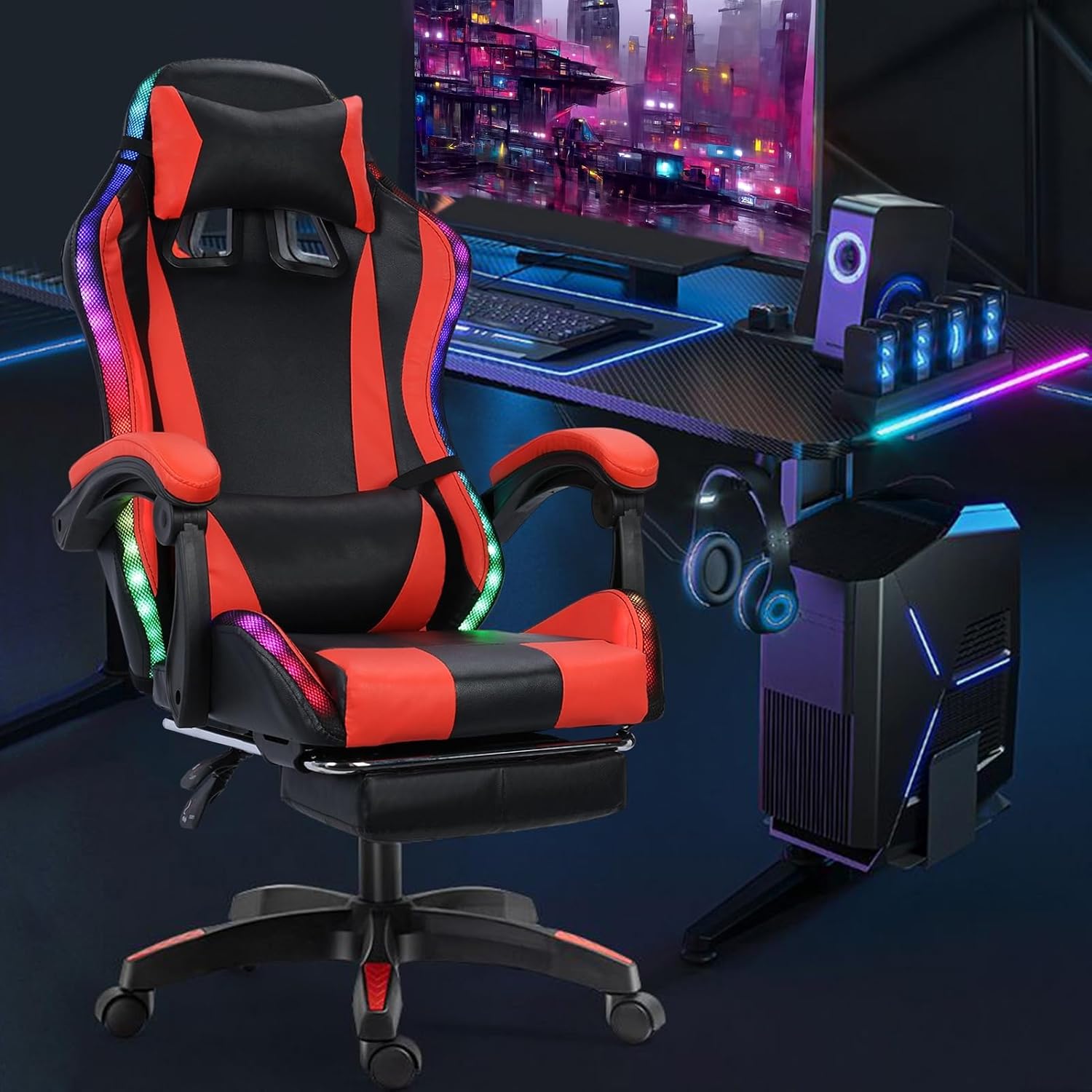 Gaming Chair with Blue-Tooth-Compatible Speakers and LED Light, Height Adjustable, Working Retractable Footrest Faux Leather Reclining for Internet Cafe Chair Recreation Room Furniture, Blac