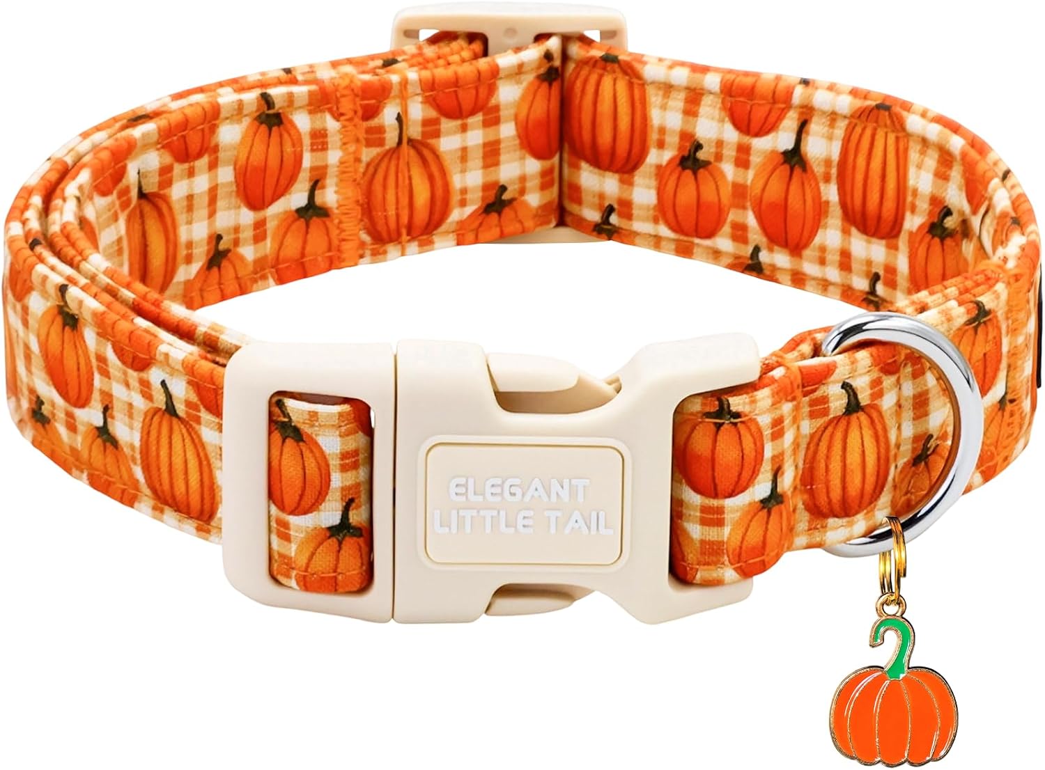 Elegant Little Tail Halloween Dog Collar for Small Puppy, Fall Plaid Orange Pumpkin Pattern Puppy Collar, Sturdy Soft Cotton Fabric Girl Boy Pet Collars for Small Dogs